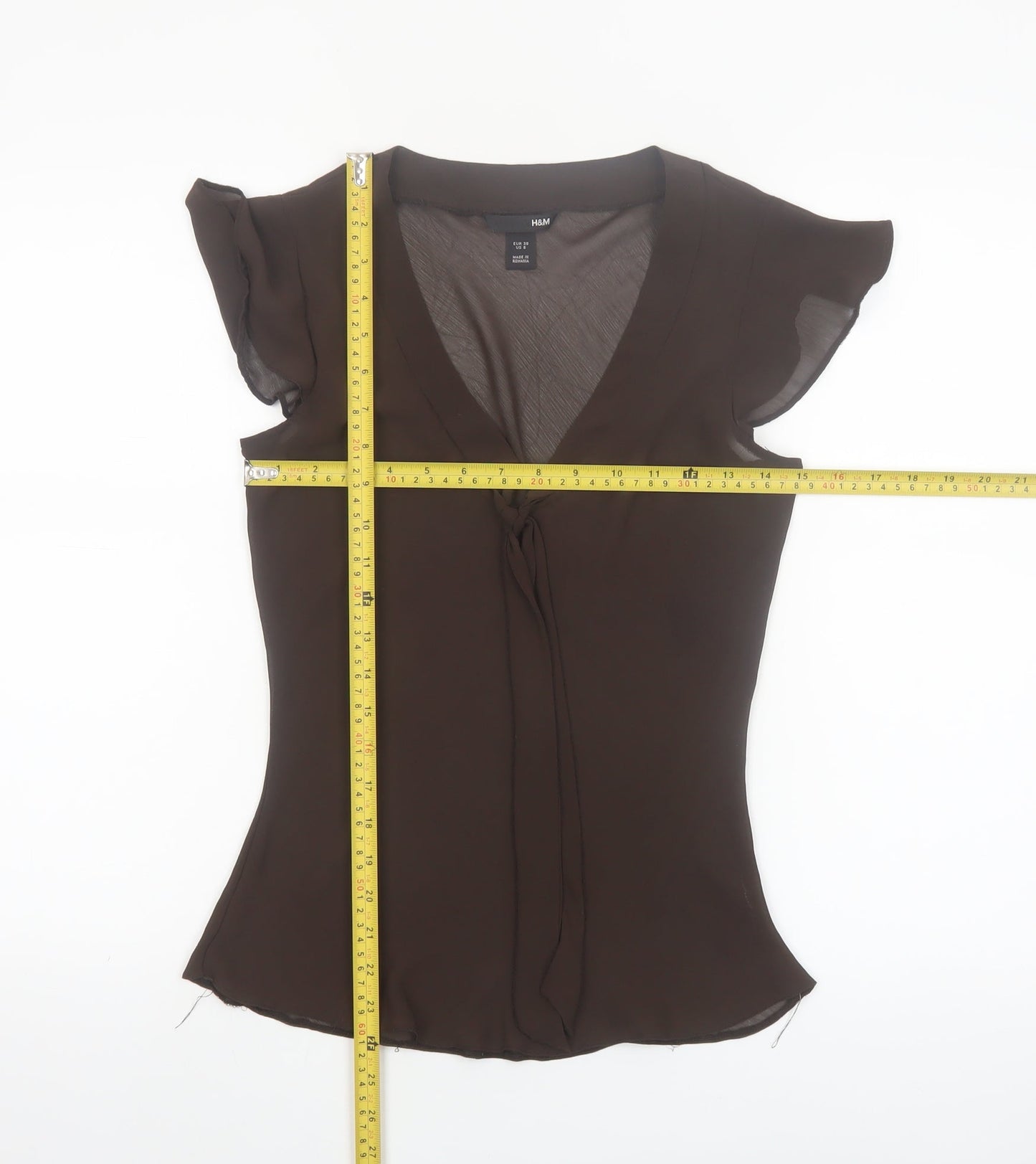 H&M Women Brown Chiffon Wrap V-Neck Flutter Sleeve Blouse Size 10