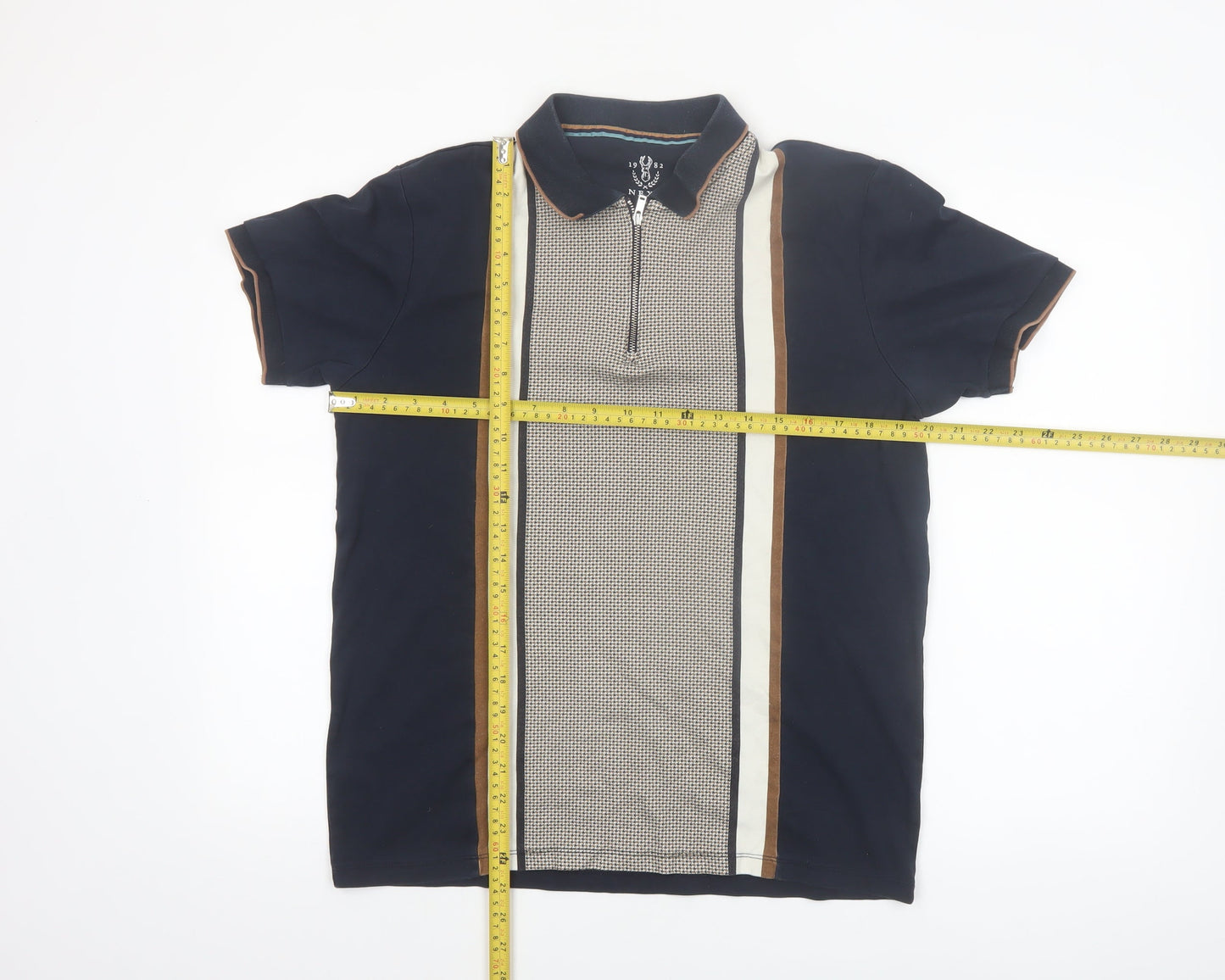 Next Men's Blue Retro Zip Cotton Polo Shirt Size M