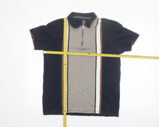 Next Men's Blue Retro Zip Cotton Polo Shirt Size M