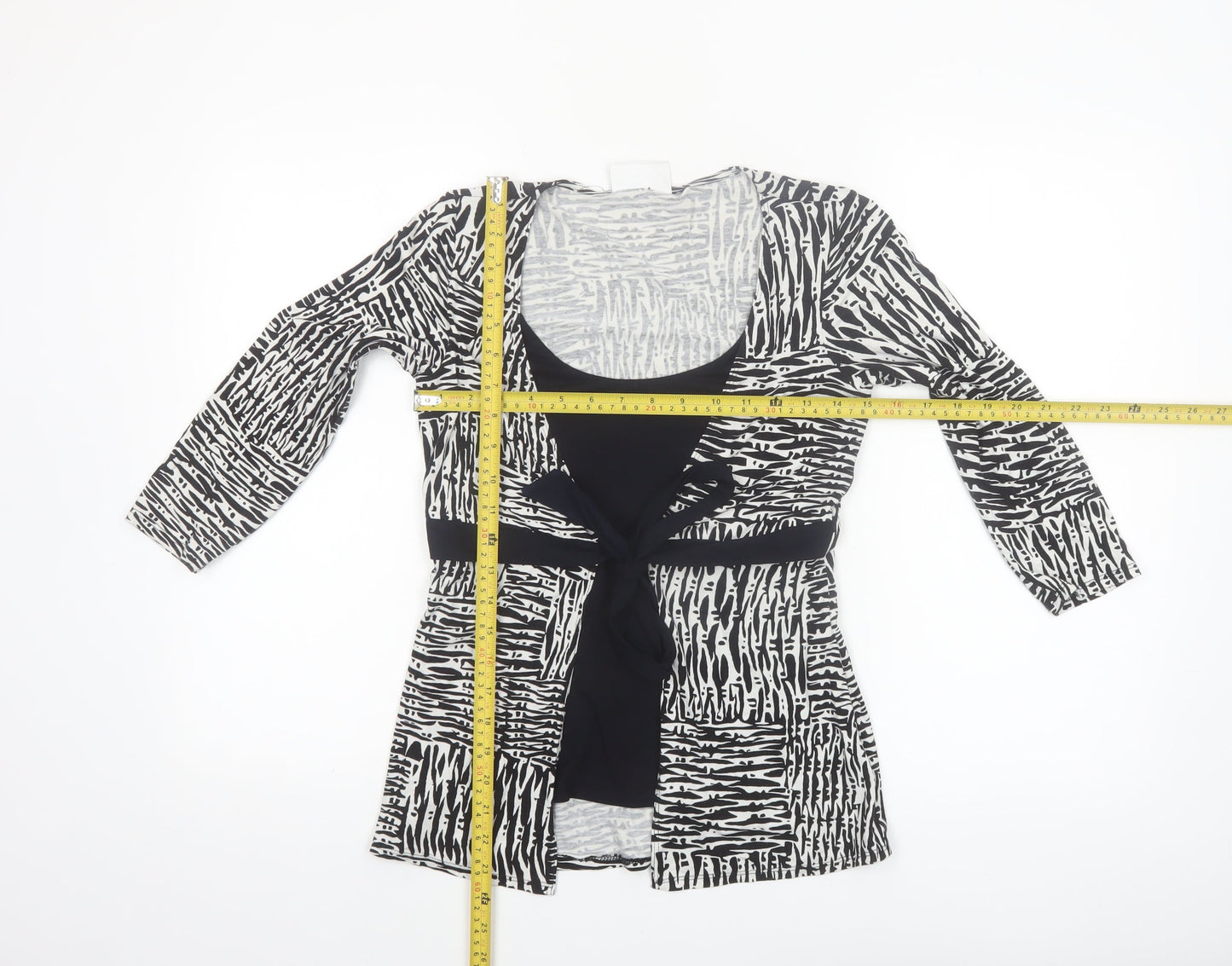 Wallis Petite Black Geometric Wrap Blouse Size 6 Women’s 3/4 Sleeve