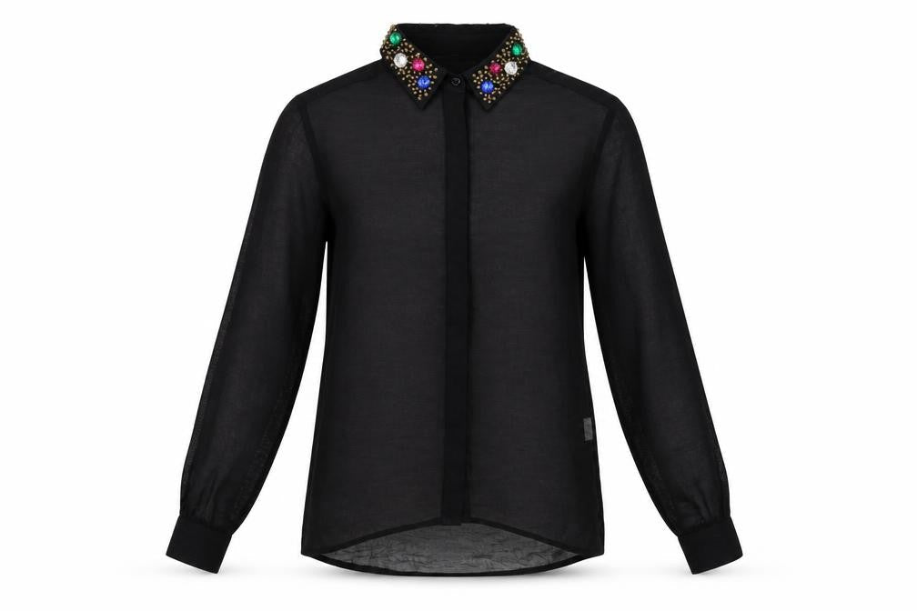Diffuse Womens Black Beaded Collar Long Sleeve Blouse Size 12