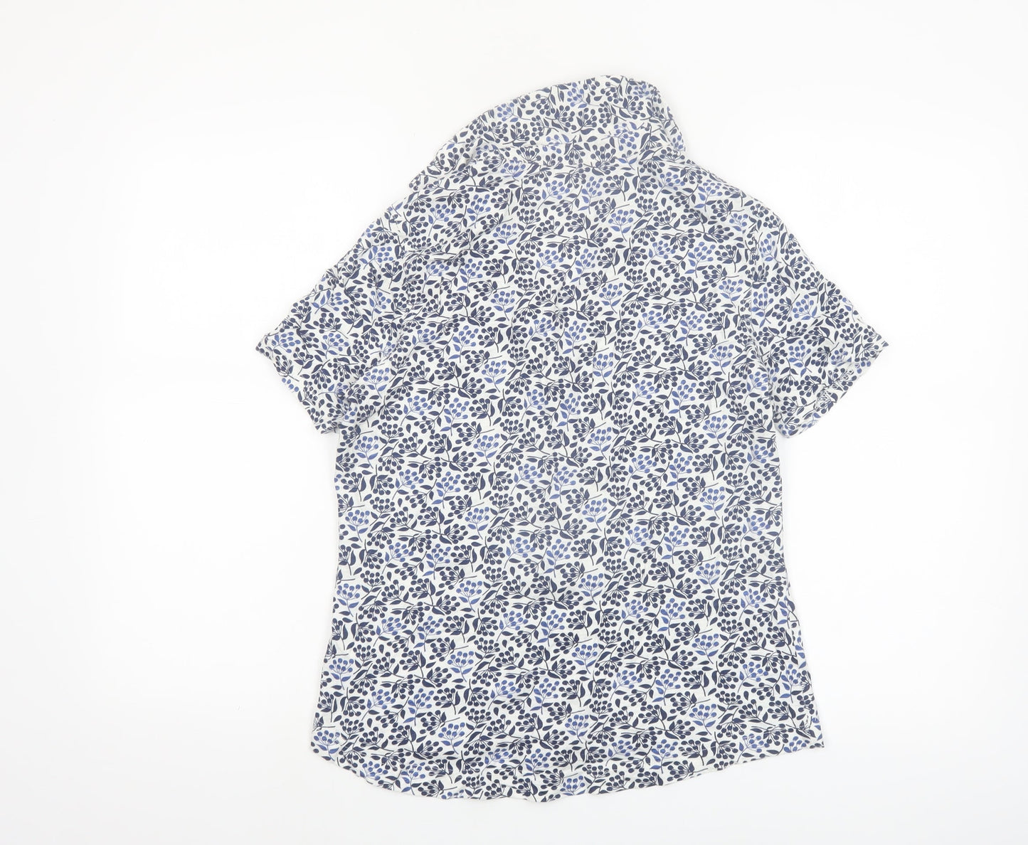White Stuff Women Blue Floral Cotton Short Sleeve Button-Up Shirt Size 10