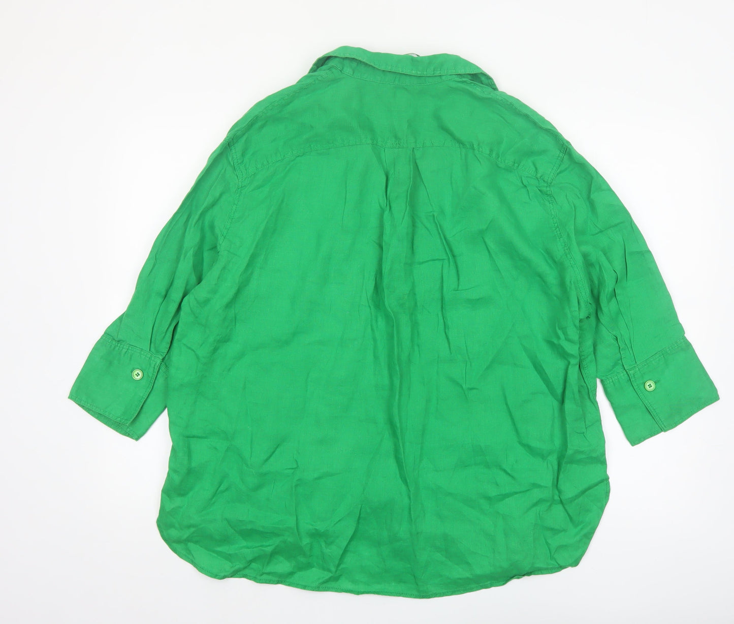 Zara Women Green Linen Collared 3/4 Sleeve Blouse Size L