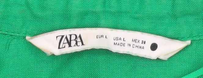 Zara Women Green Linen Collared 3/4 Sleeve Blouse Size L