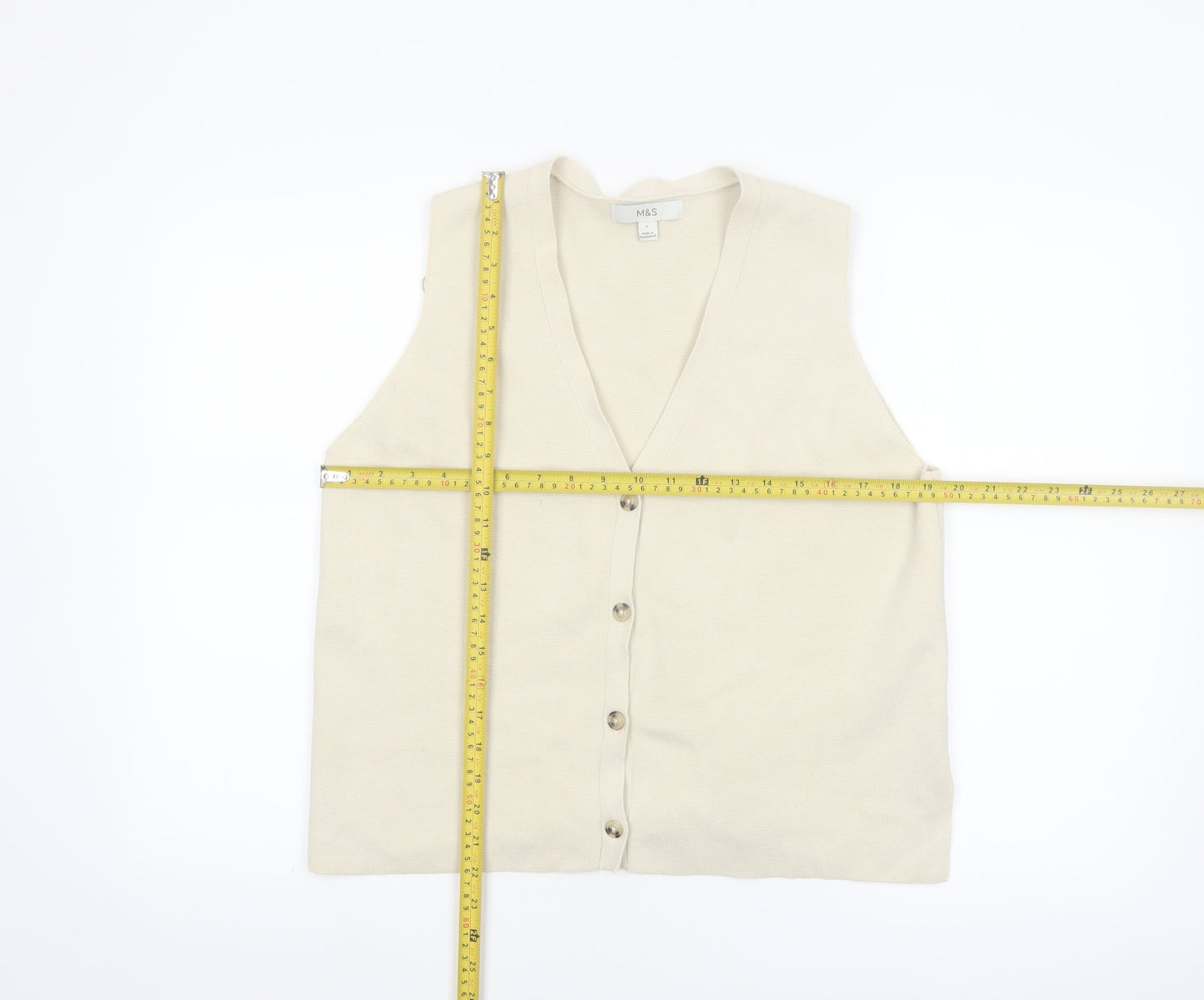Marks and Spencer Women Beige Cotton Blend Sleeveless V-Neck Button Blouse L