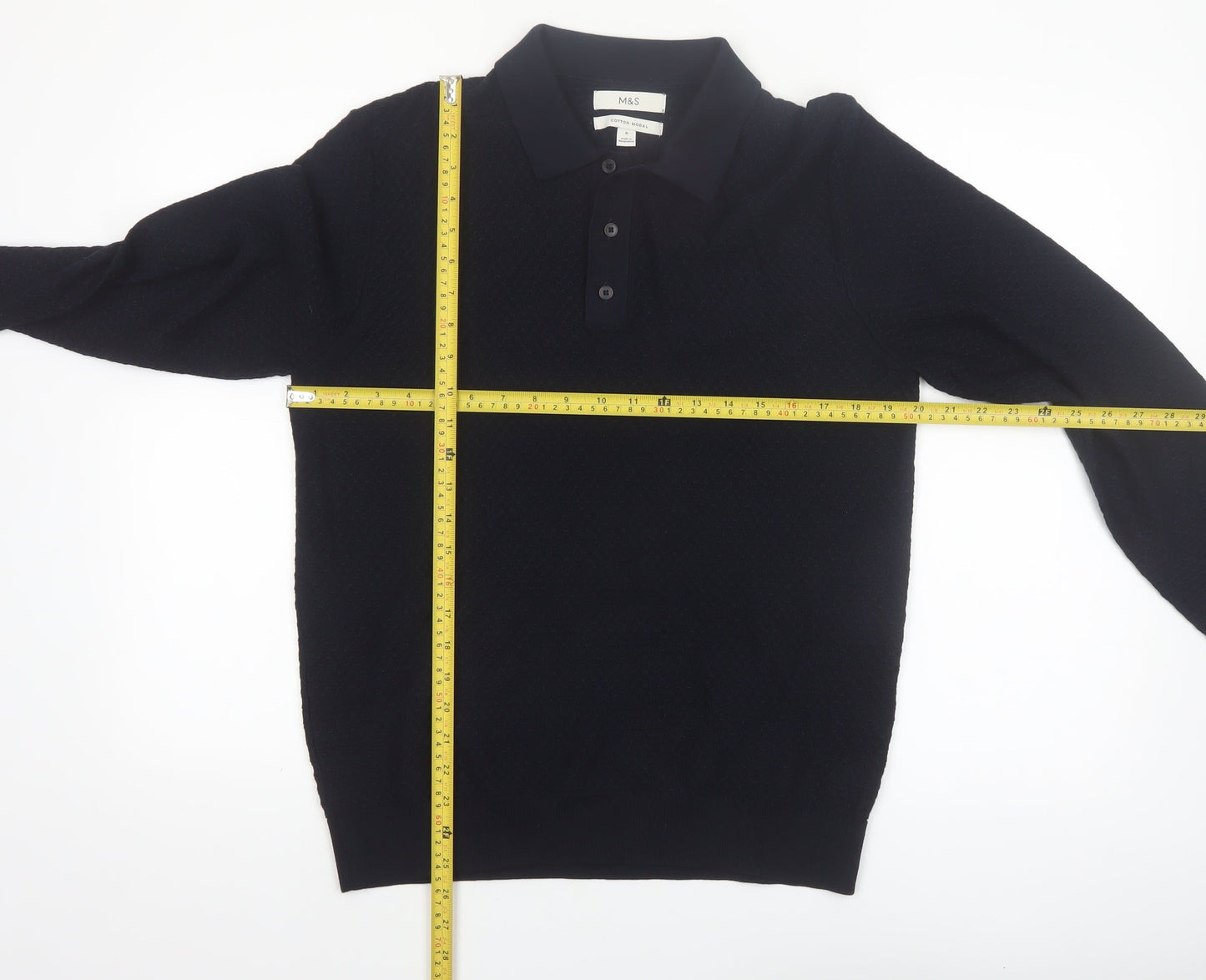 Marks and Spencer Men's Black Cotton Modal Collared Pullover Jumper M