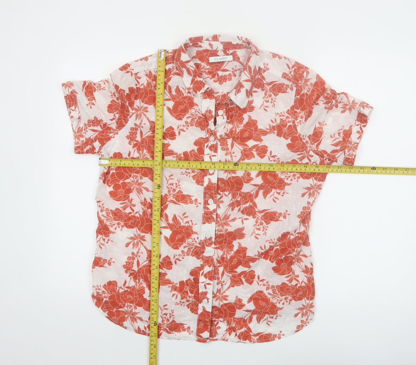Marks and Spencer Women's Orange Floral Short Sleeve Cotton Button-Up Shirt UK 14