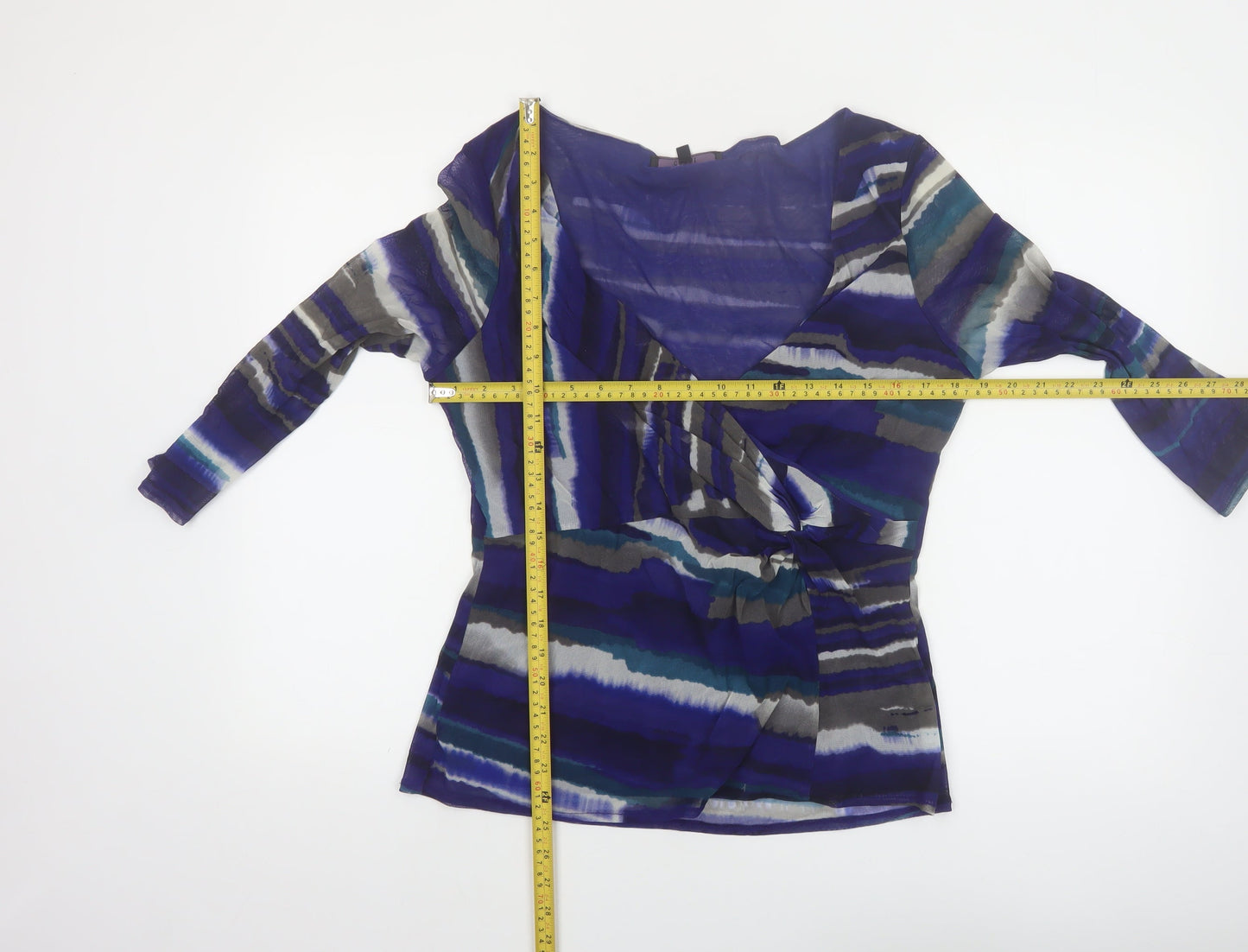 Coast Women's Blue Stripe Wrap Blouse Size 18 V-Neck 3/4 Sleeve