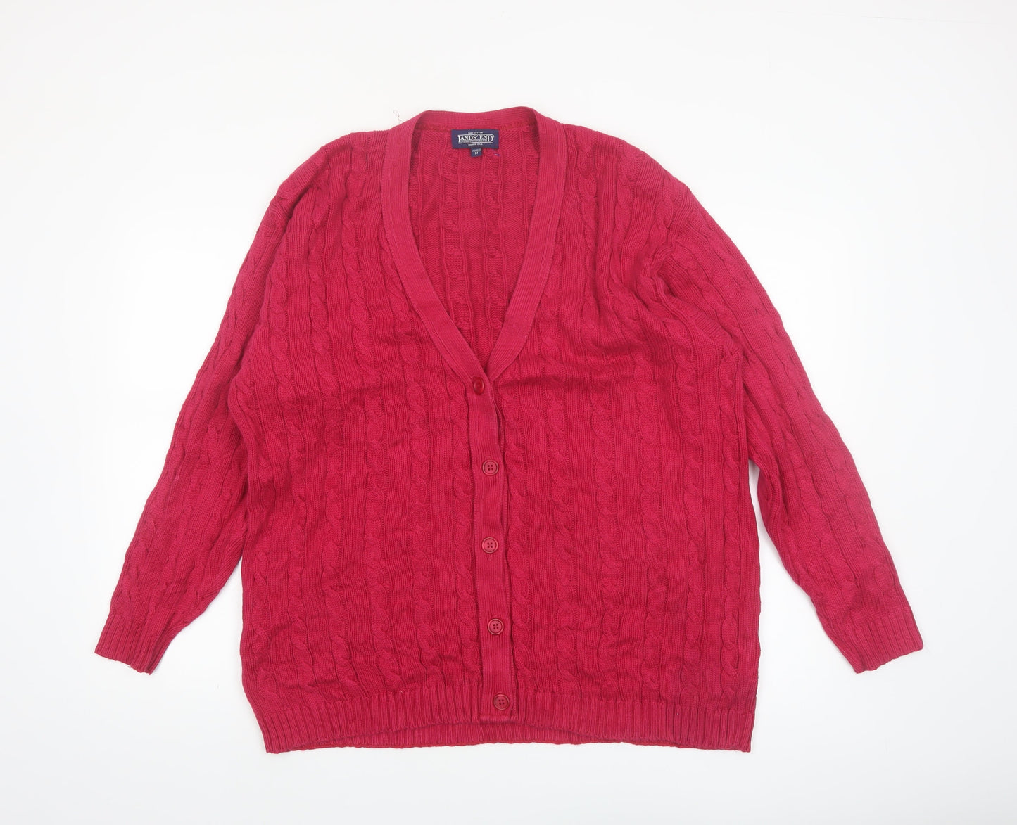 Lands' End Women's Red Cable-Knit Cotton Cardigan Size M