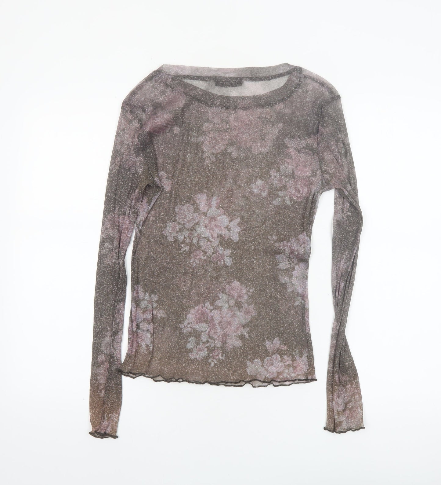 Ivory Love Women's Brown Floral Sheer Mesh Long Sleeve T-Shirt Size M