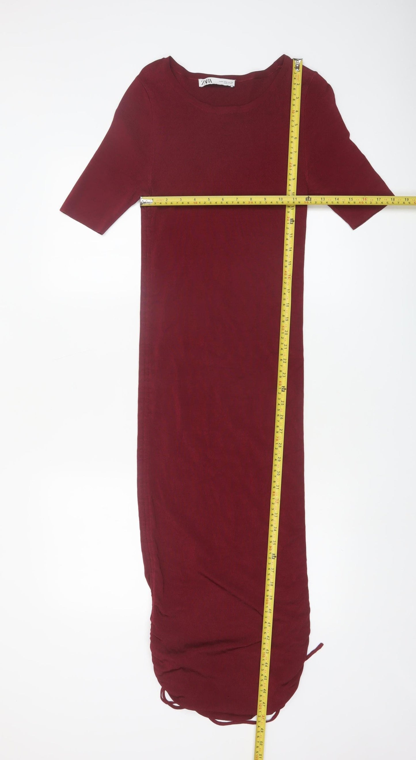 Zara Women Red Midi Bodycon Ruched Knit Dress Size M