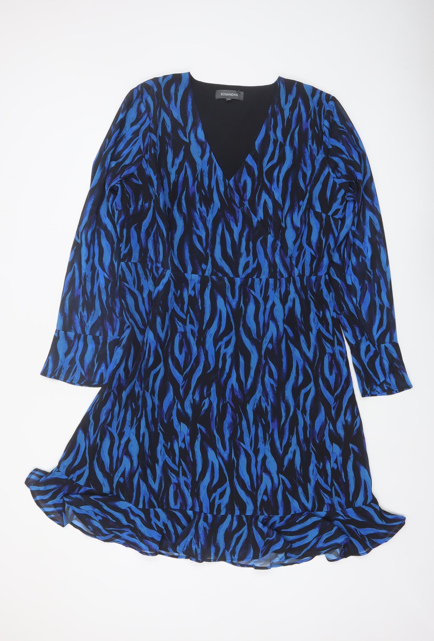 Sosandar Women Blue Animal Print V-Neck Knee Length Dress Size 18