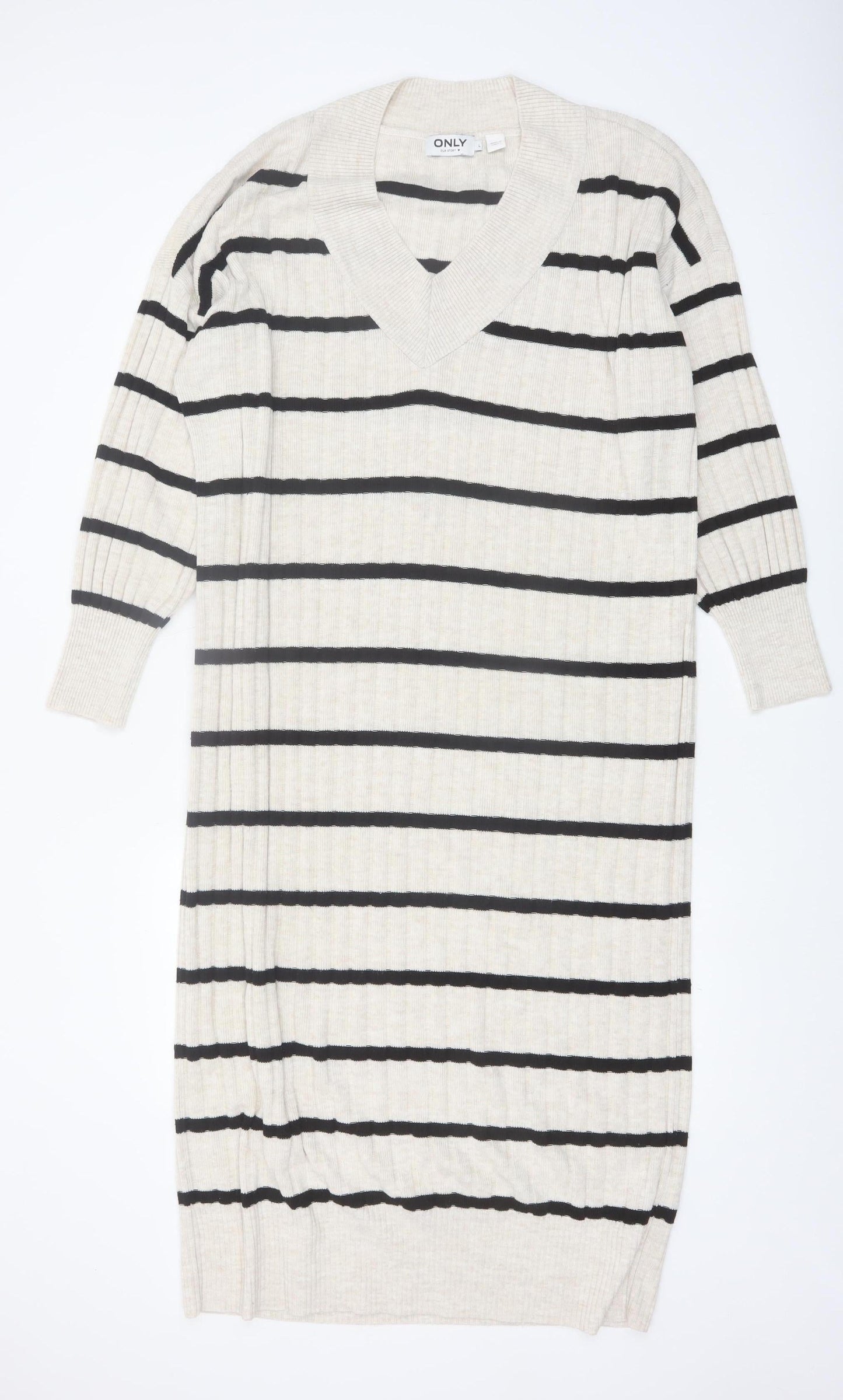 ONLY Women Beige Black Striped Knit V-Neck Midi Jumper Dress L