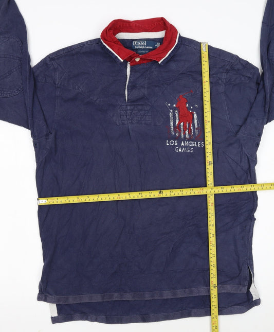 Ralph Lauren Mens Blue Long Sleeve Polo Shirt Size L Cotton Rugby Style