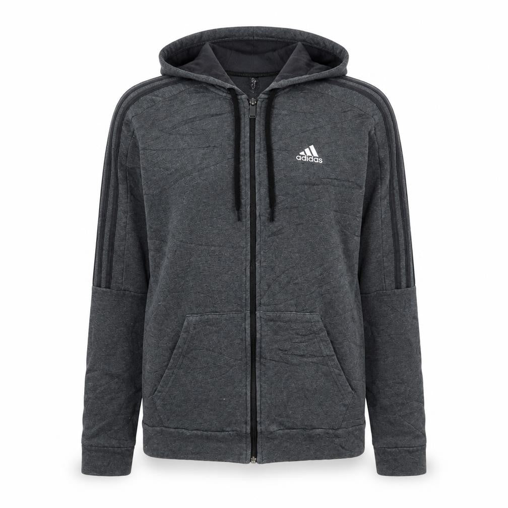 Front view of Adidas Women Dark Grey Full Zip Hoodie, size M, Hooded Sweatshirt