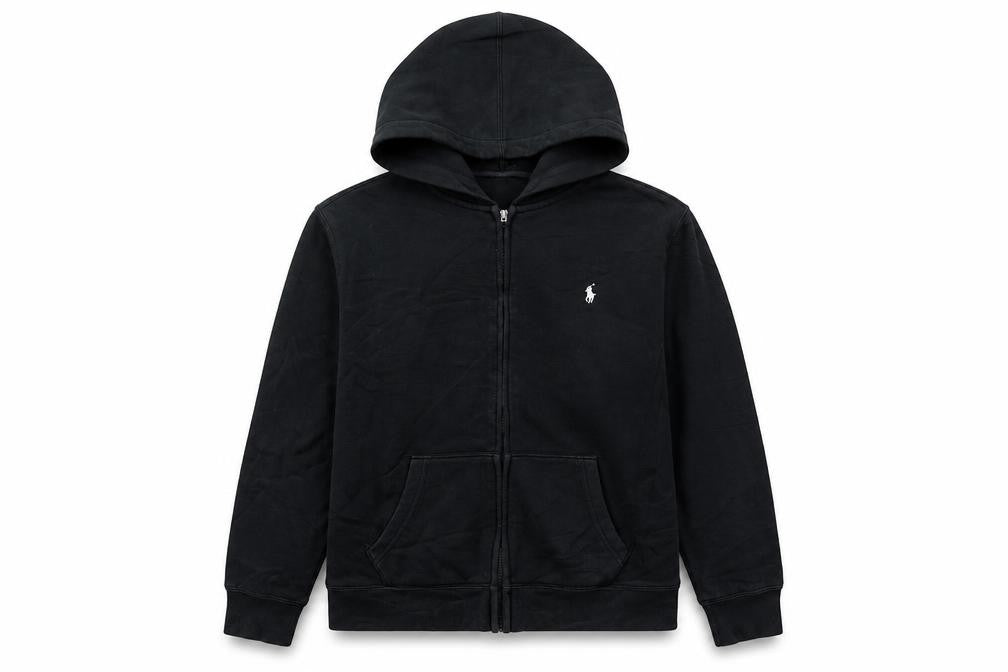 Front view of Polo Ralph Lauren boys’ black full zip hoodie, size 18-20, cotton blend
