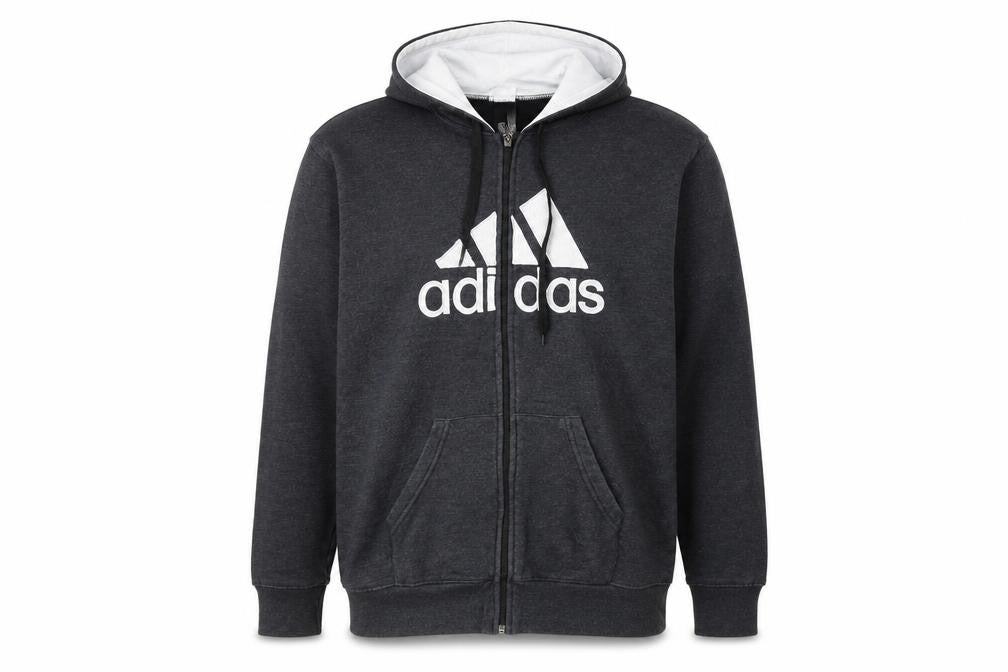 Front view of Adidas men’s grey xl full zip hoodie fleece sweatshirt