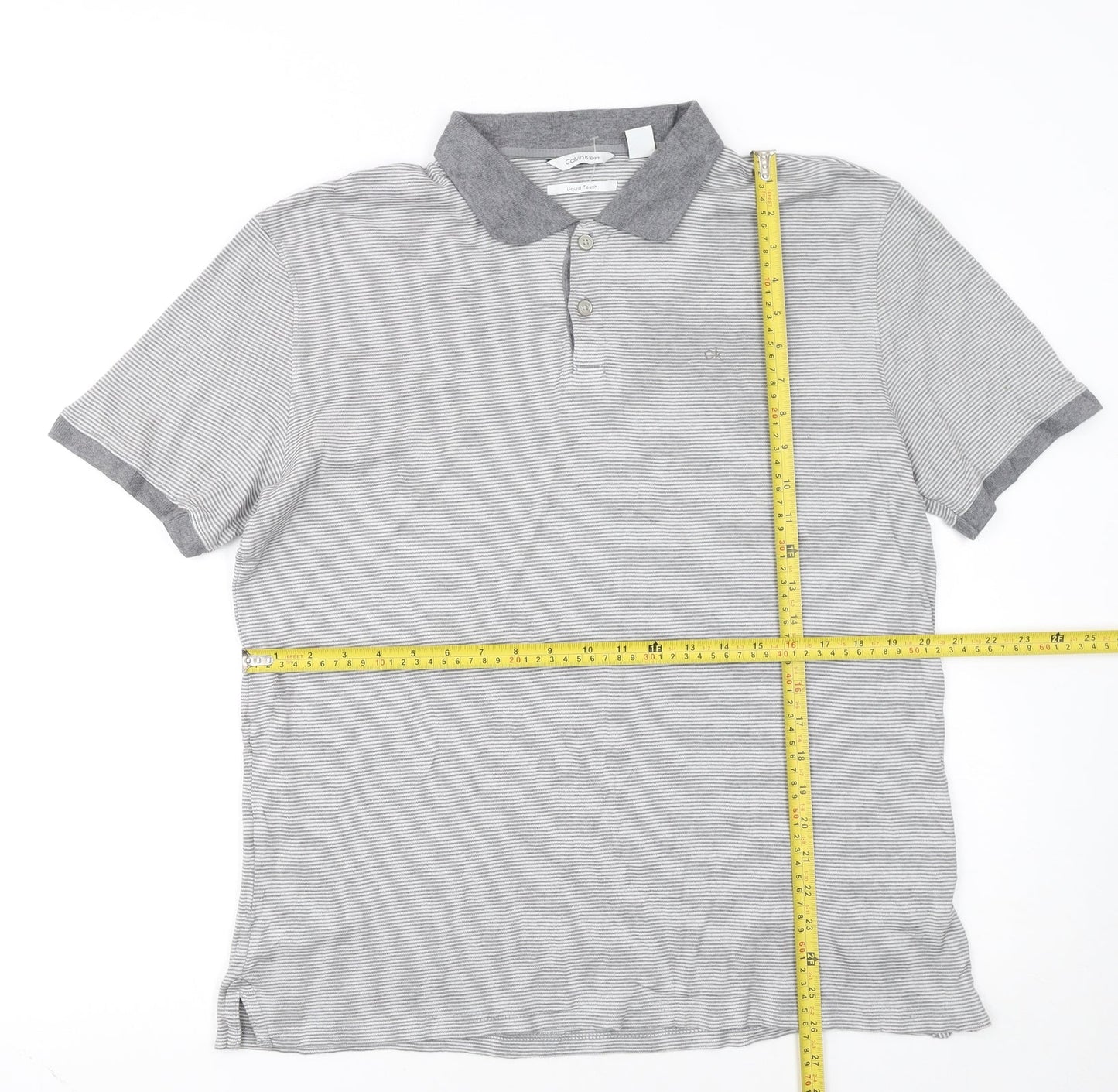 Calvin Klein Men’s Grey Striped Liquid Touch Polo Shirt Size M