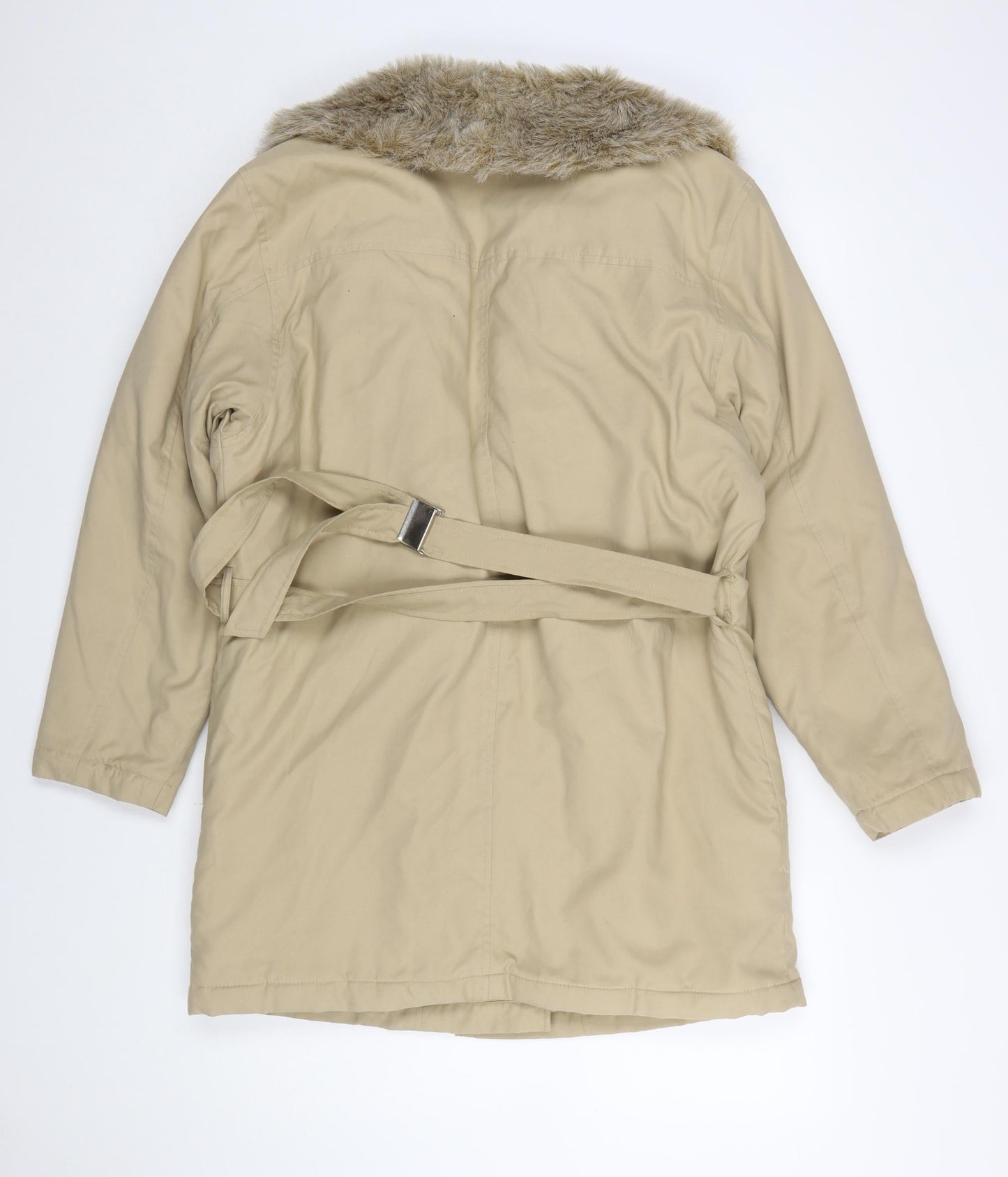 Dorothy Perkins Women’s Beige Fur Trim Belted Zip Coat Size 10