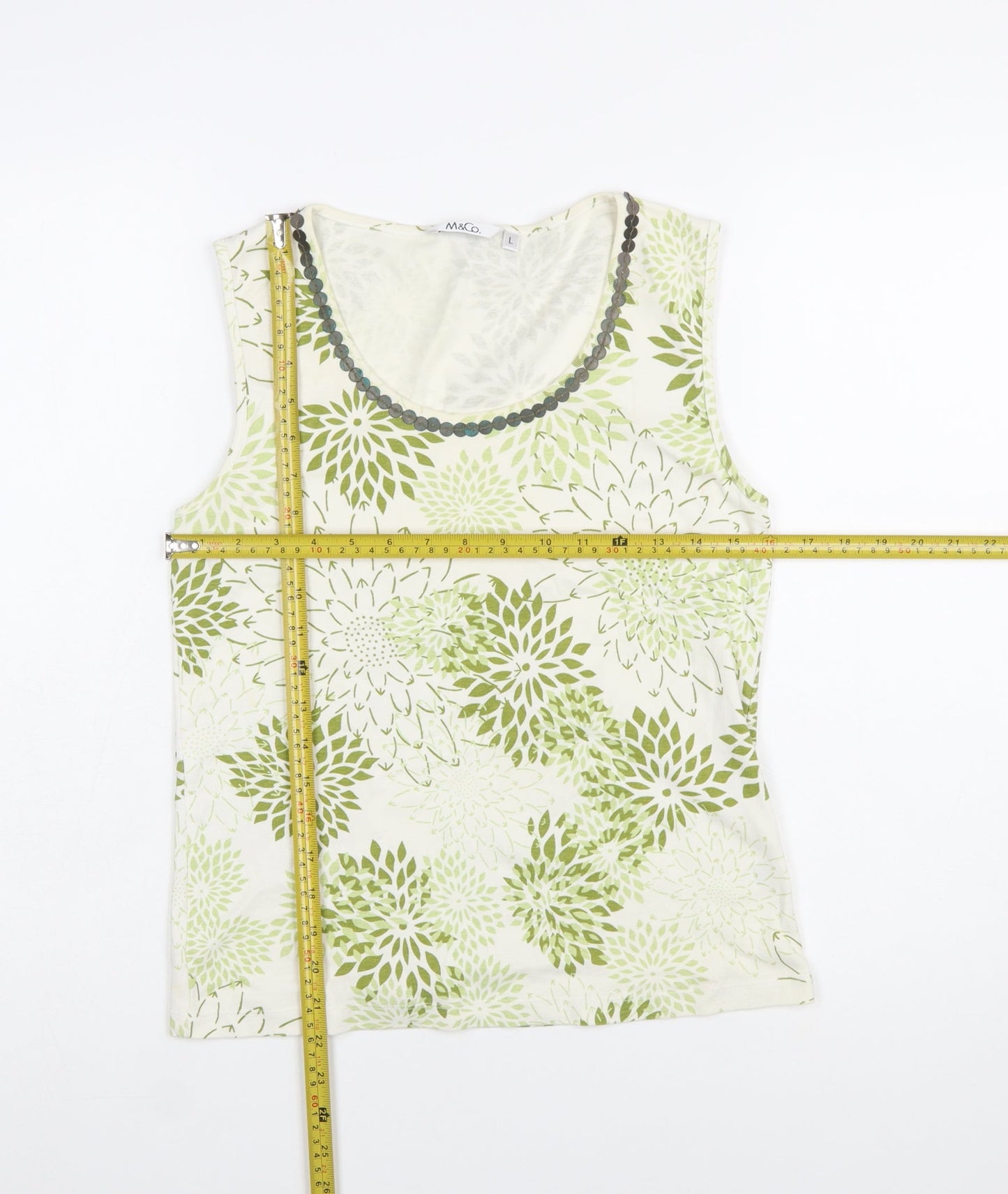 M&Co Women’s Green Floral Beaded Cotton Sleeveless Tank Top L