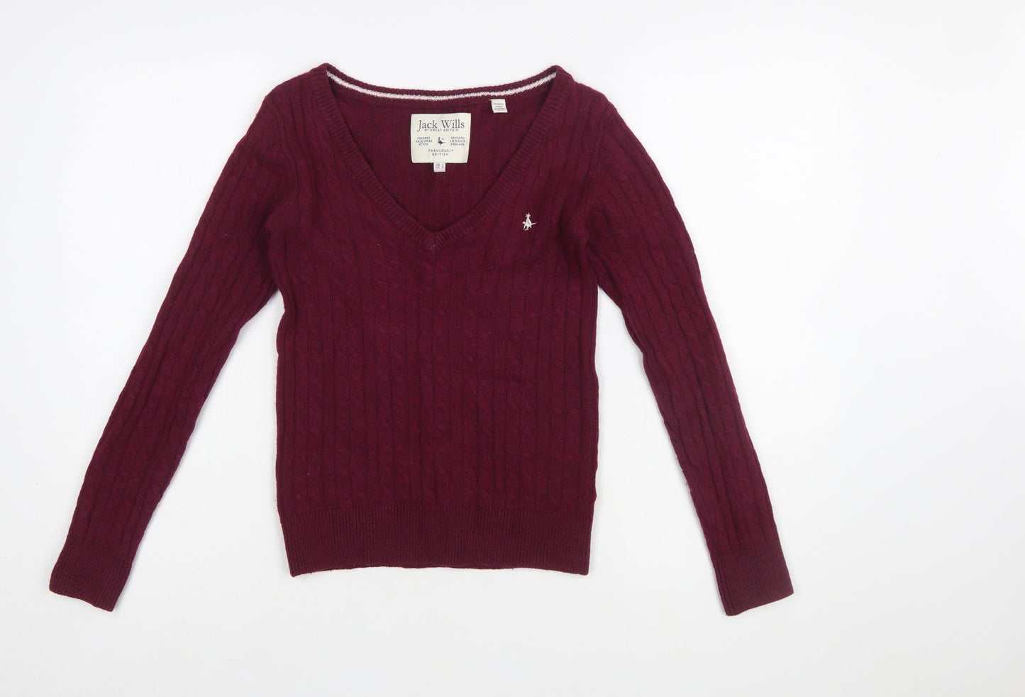 Jack Wills Women's Red V-Neck Cable Knit Jumper Size 4
