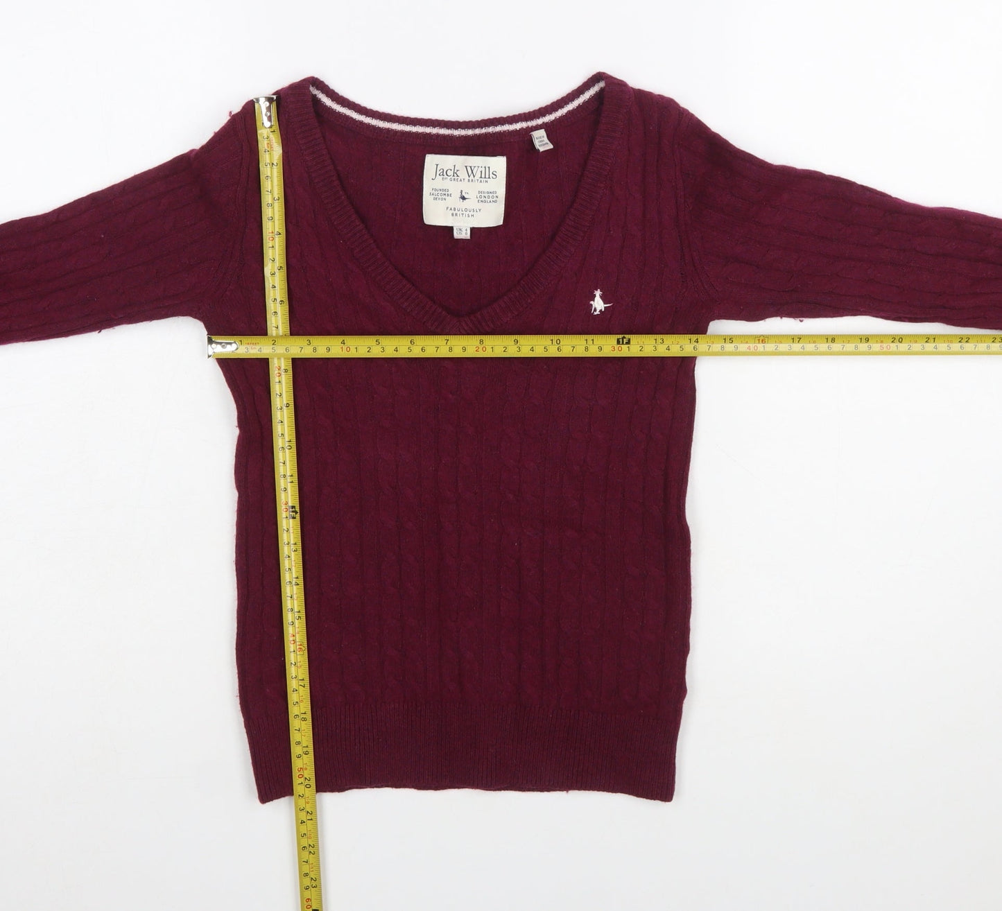 Jack Wills Women's Red V-Neck Cable Knit Jumper Size 4