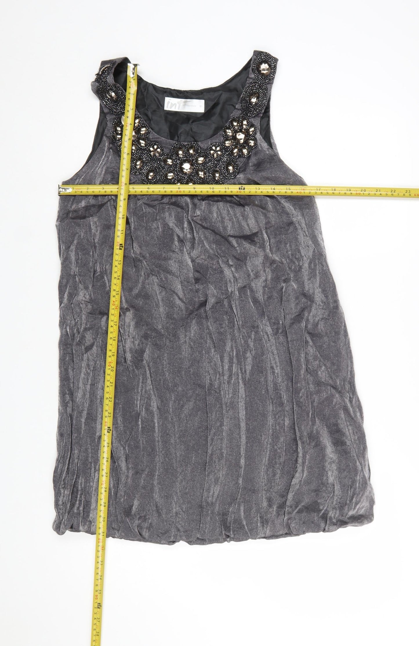 Internationale Women’s Grey Beaded Sleeveless Short Shift Dress Size 10