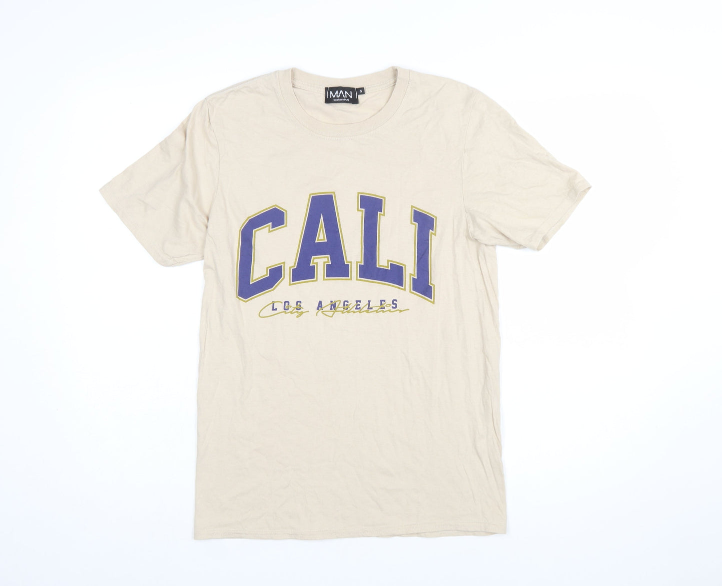 boohooMAN Men's Beige Cali Los Angeles Graphic Regular Fit T-Shirt Size S