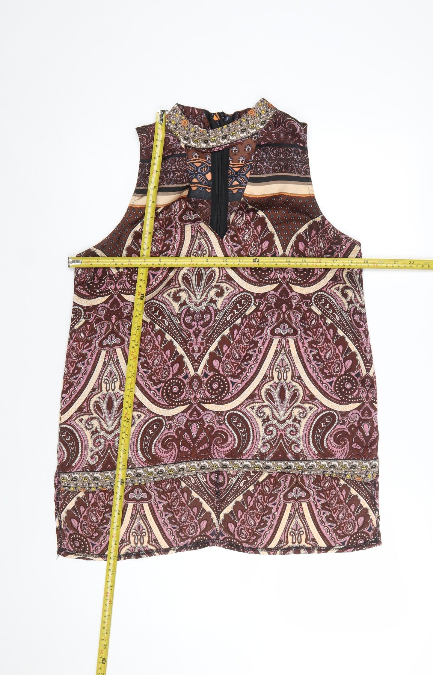 Parisian Collection Women's Brown Paisley Beaded Sleeveless Tunic Blouse Size 12