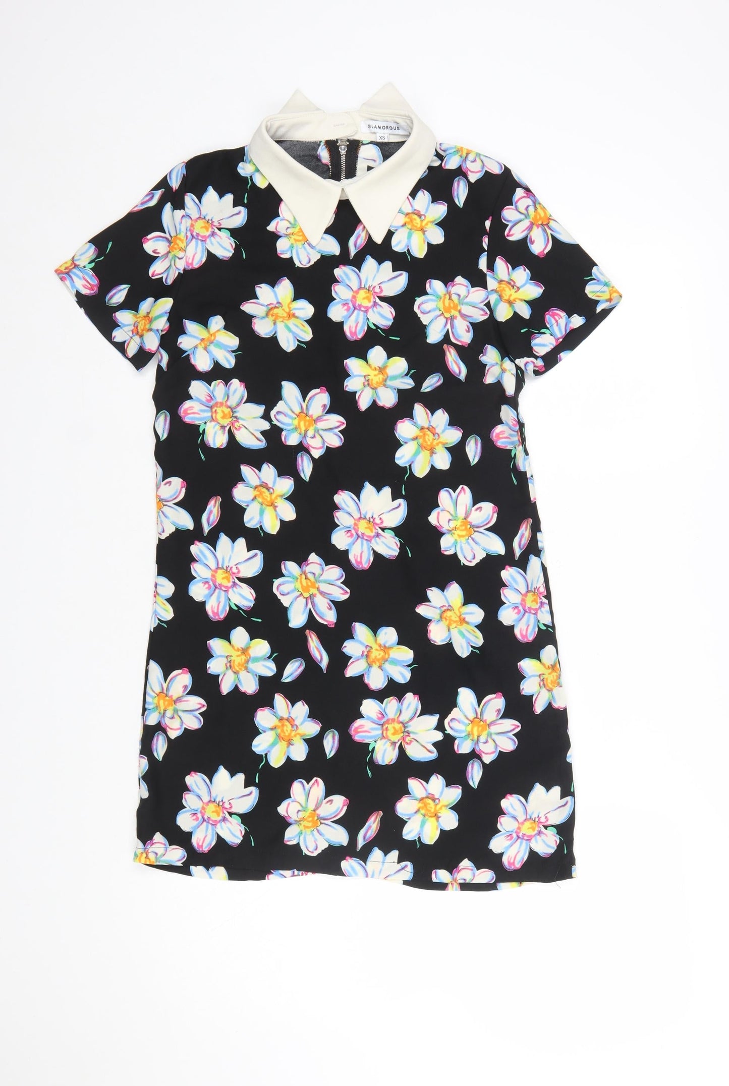 Glamorous Women’s Black Floral Collared Short Sleeve Shift Dress XS