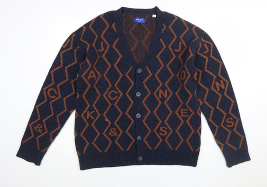 Jack & Jones Men's Blue Geometric Knit Cardigan M