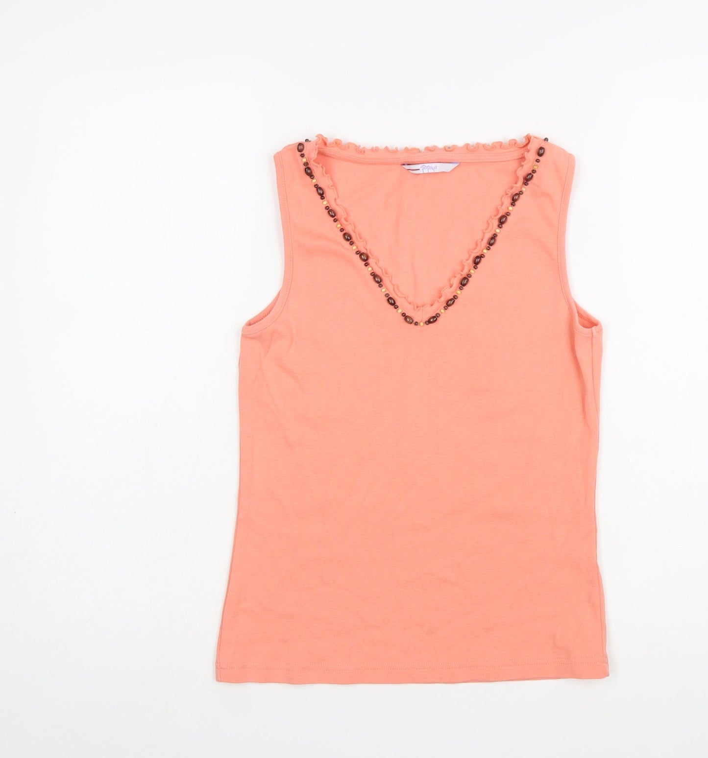 Papaya Women’s Orange Cotton Beaded V-Neck Sleeveless Tank Top Size 12