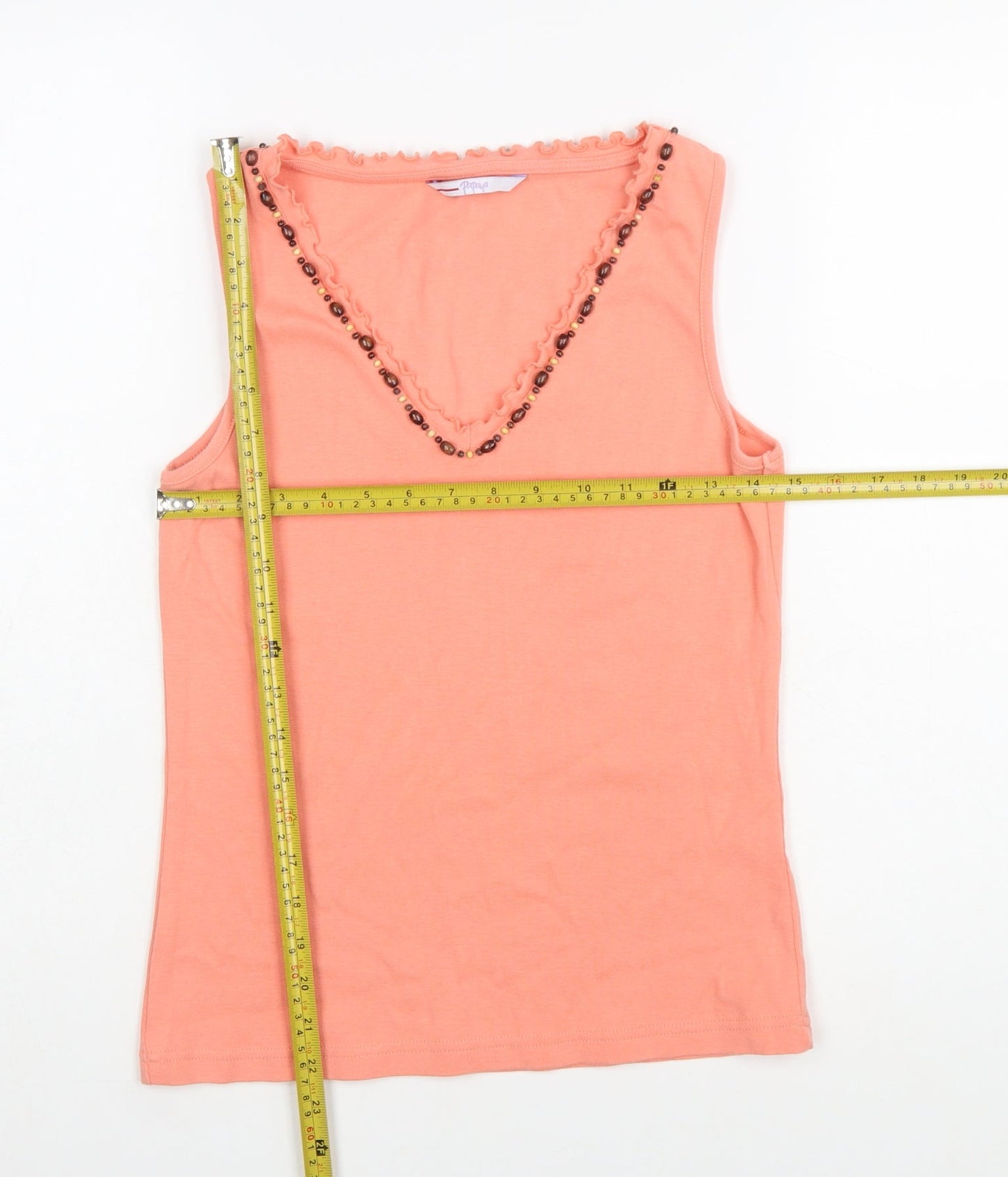 Papaya Women’s Orange Cotton Beaded V-Neck Sleeveless Tank Top Size 12