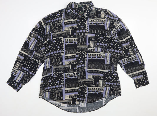 Radizion Men’s Black Geometric 90s Retro Long Sleeve Button-Up Shirt 2XL