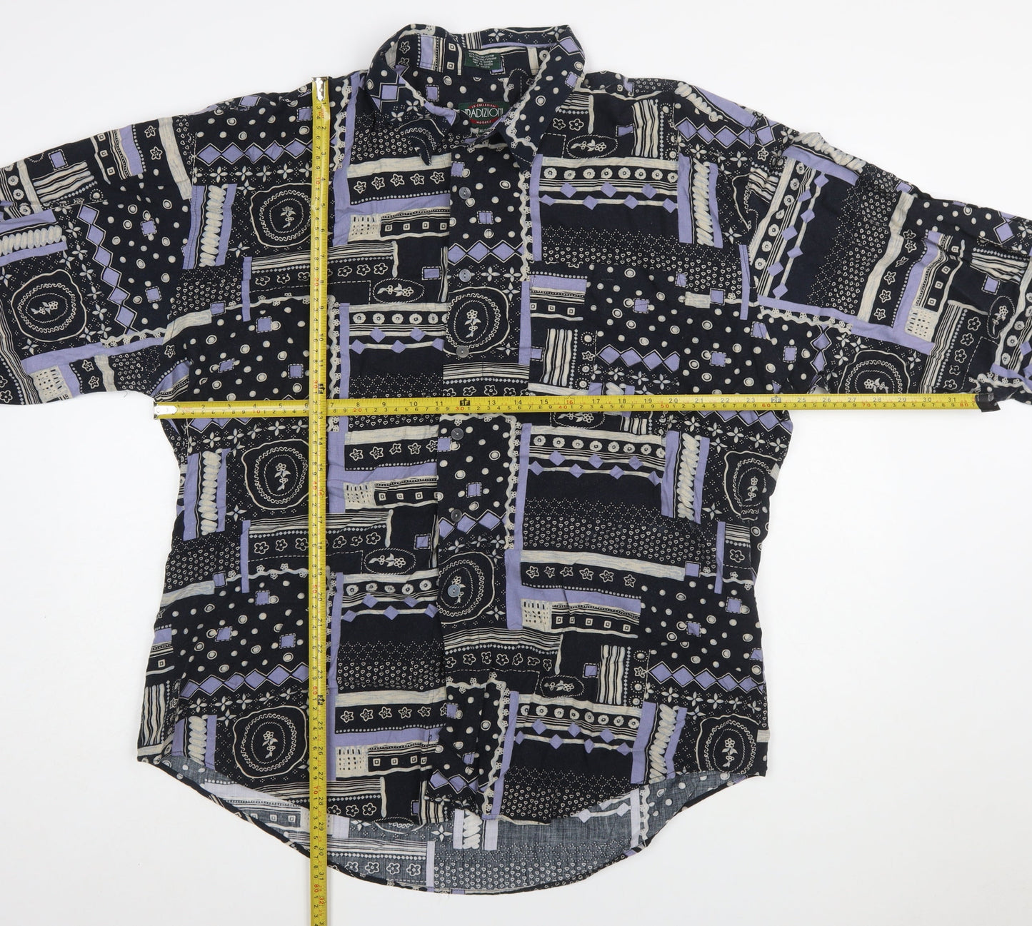 Radizion Men’s Black Geometric 90s Retro Long Sleeve Button-Up Shirt 2XL