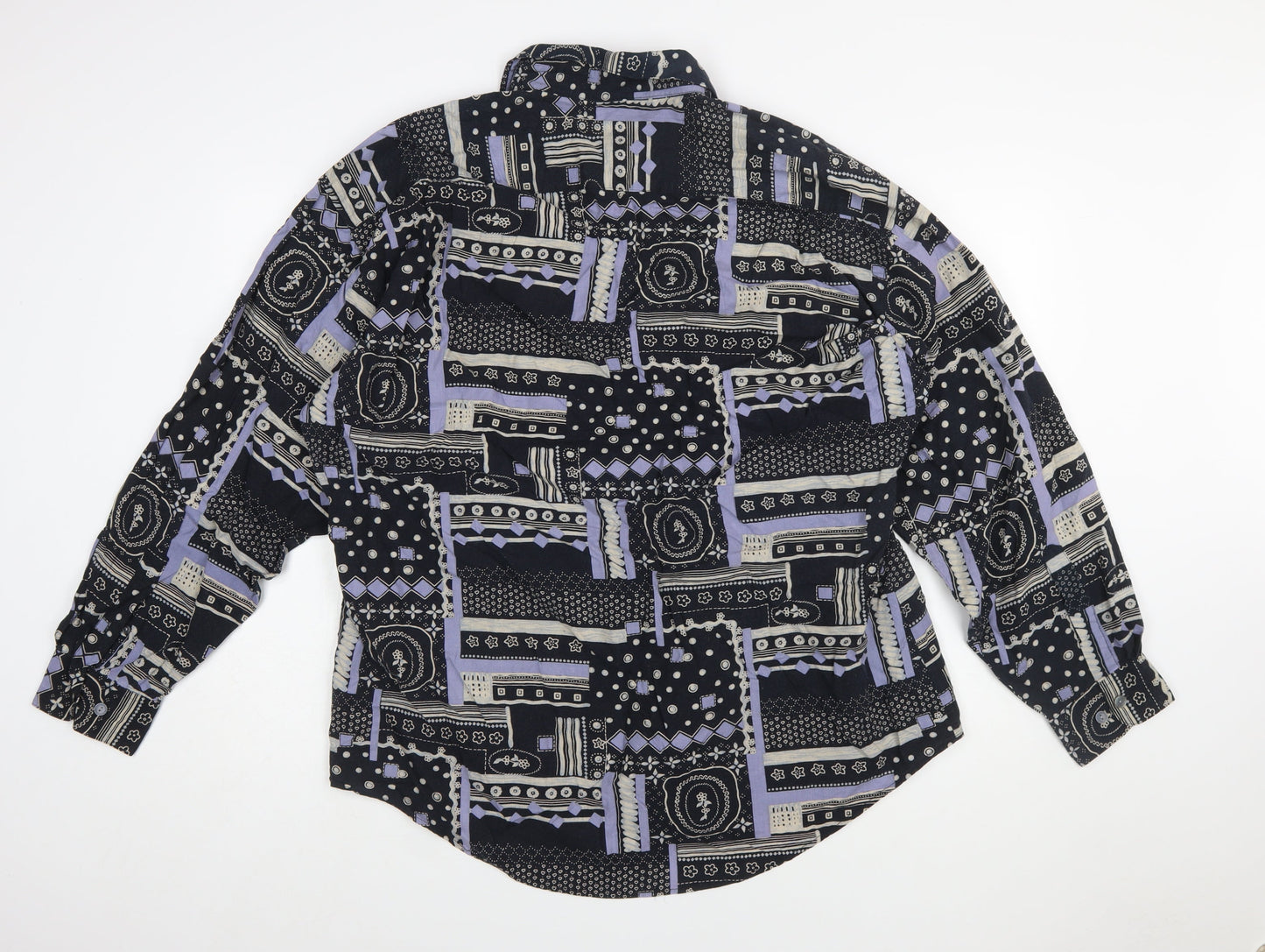 Radizion Men’s Black Geometric 90s Retro Long Sleeve Button-Up Shirt 2XL