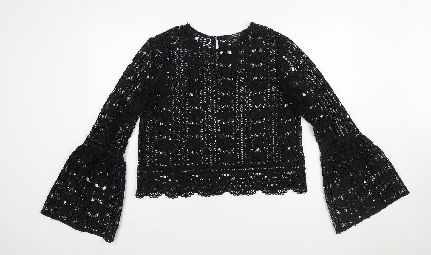 Forever 21 Women Black Lace Long Sleeve Tunic Blouse Size L