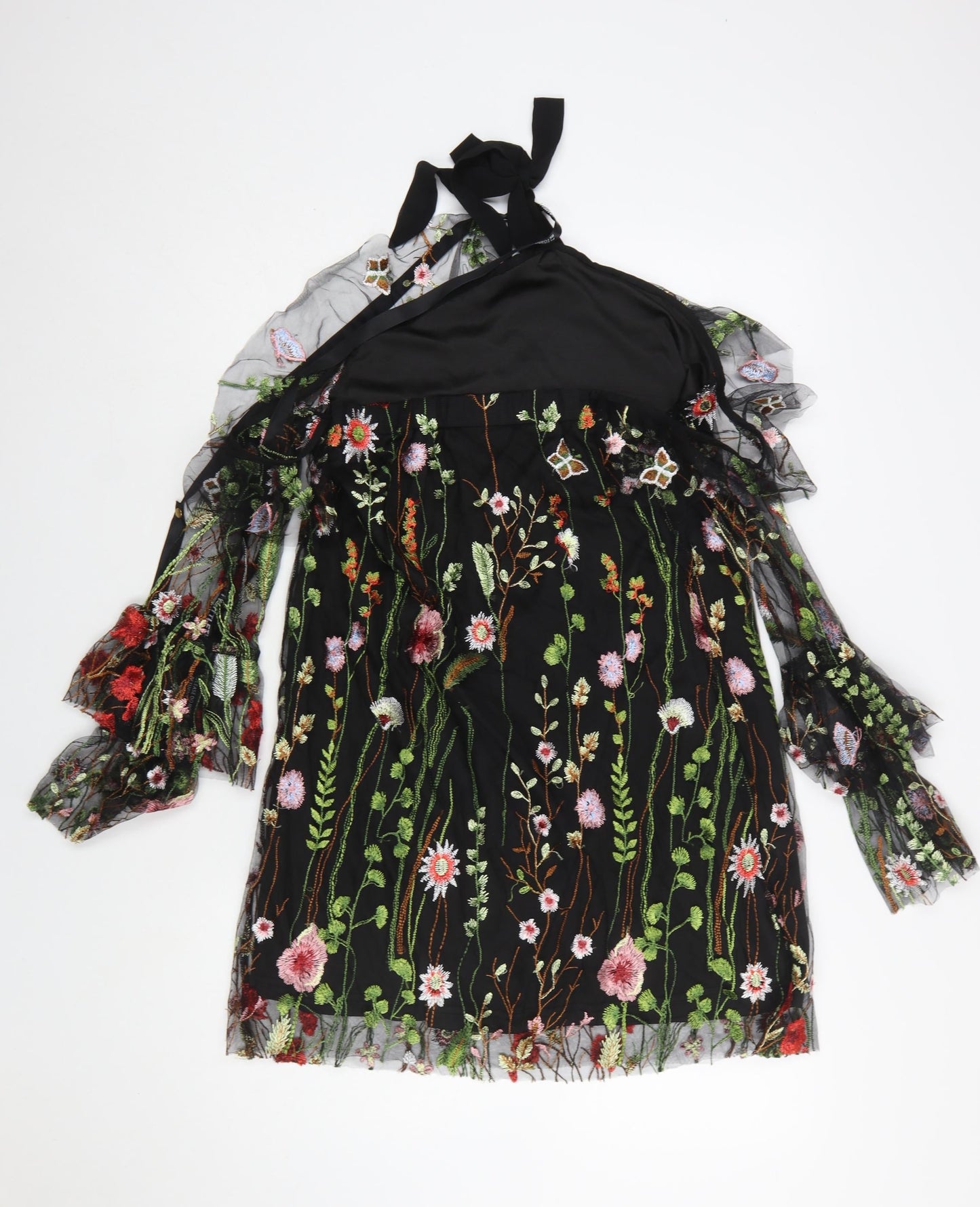 PrettyLittleThing Women’s Black Floral Mesh Halter A-Line Dress Size 10