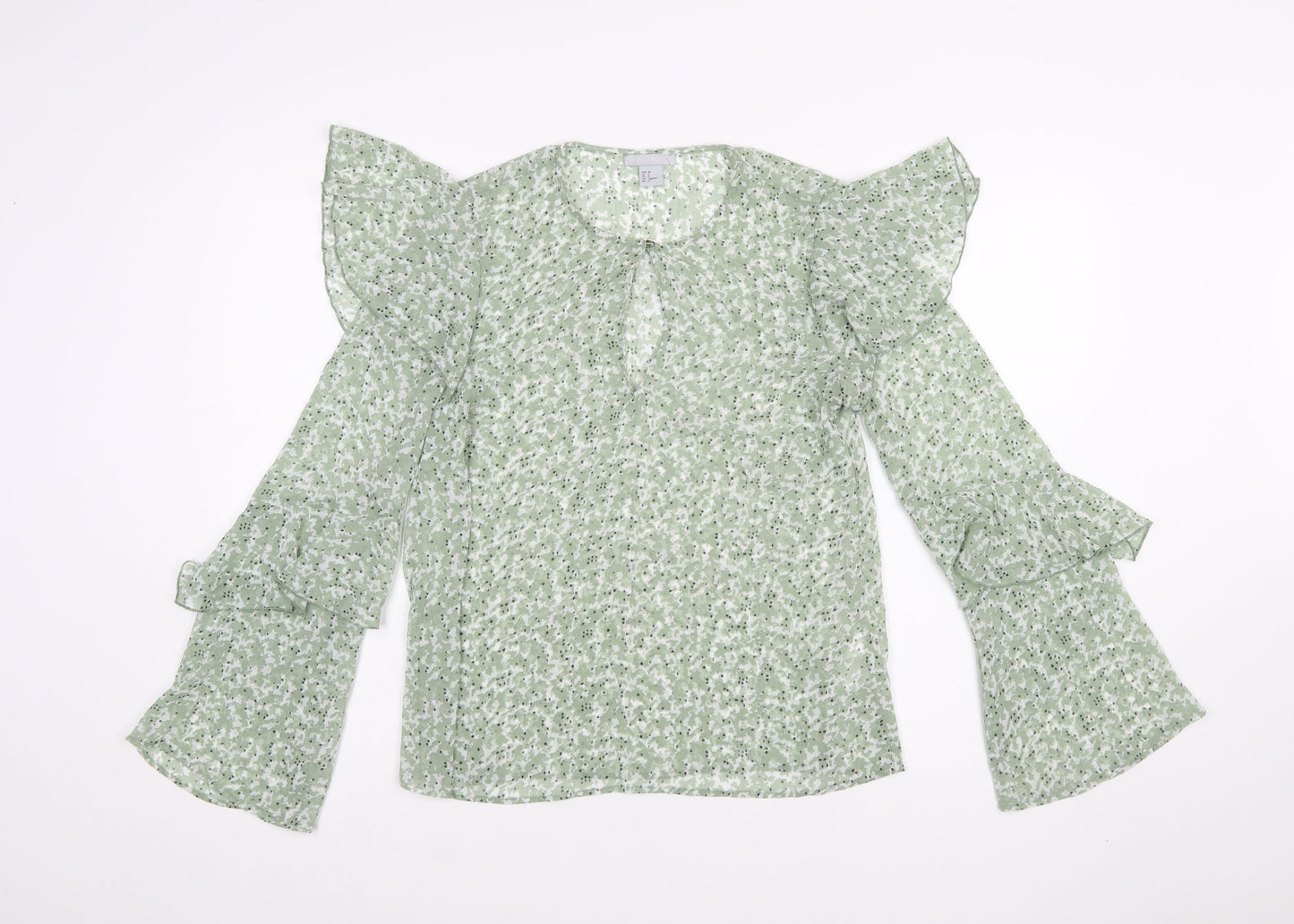 H&M Women’s Green Floral Ruffle Long Sleeve Blouse Size 10
