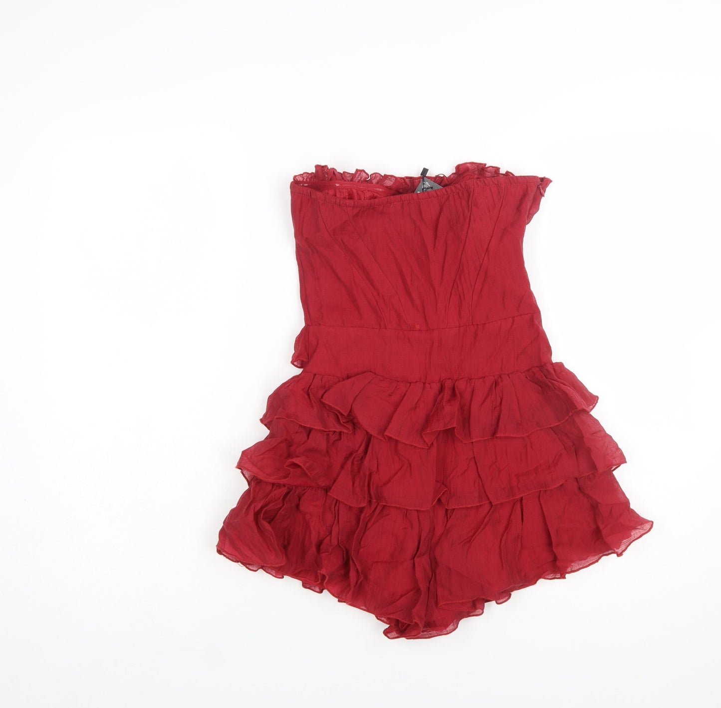 PrettyLittleThing Women Red Strapless Ruffle Playsuit Size 4 Lyocell Blend