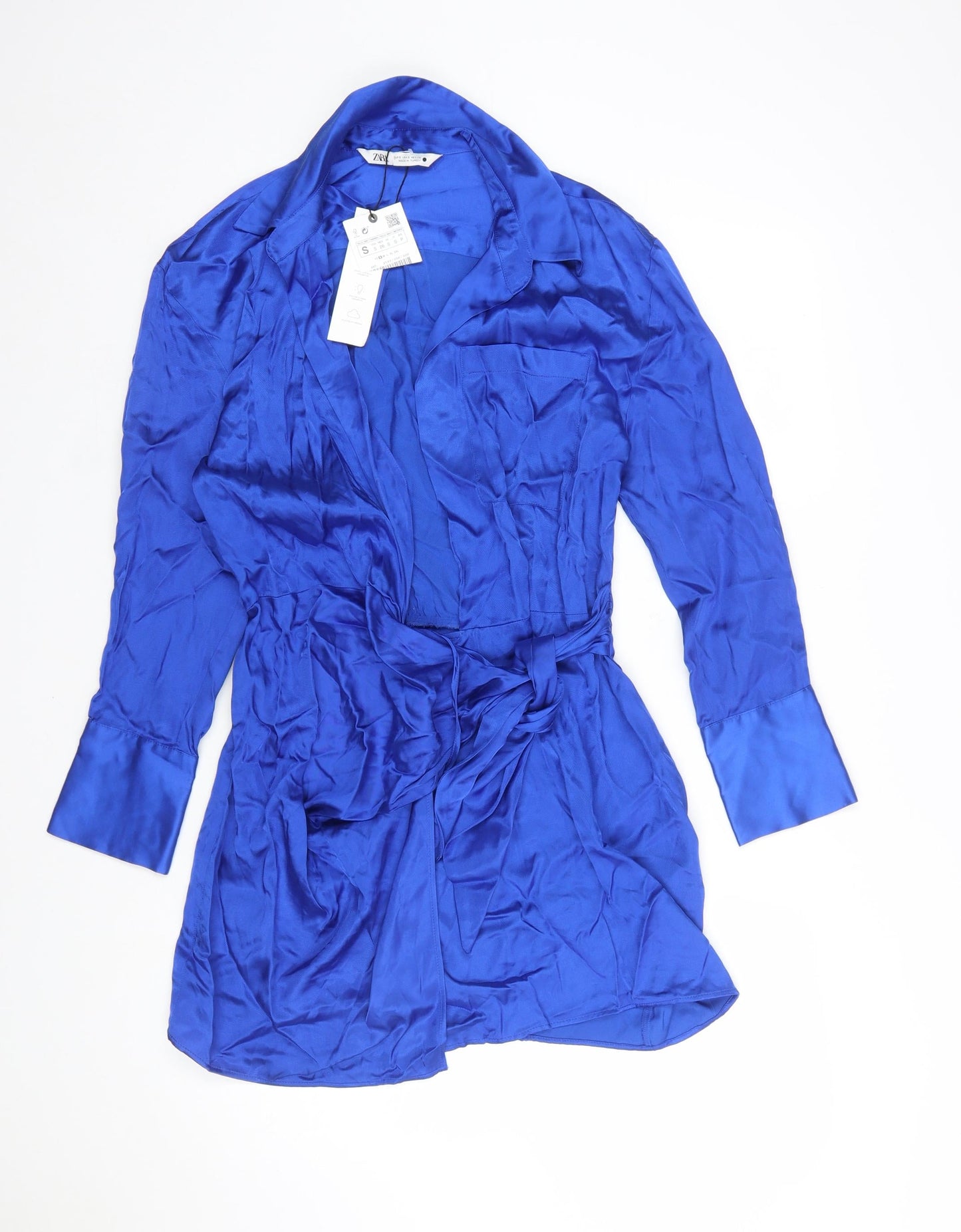 Zara Women’s Blue Satin Shirt Dress S Belted Long Sleeve