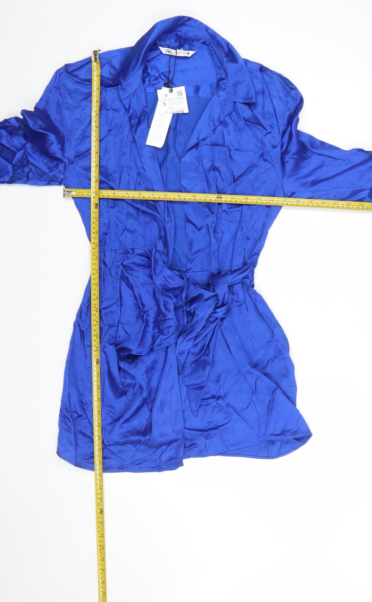 Zara Women’s Blue Satin Shirt Dress S Belted Long Sleeve