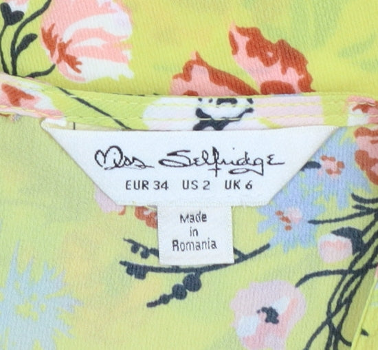 Miss Selfridge Women's Yellow Floral Bow Bell Sleeve Blouse Size 6