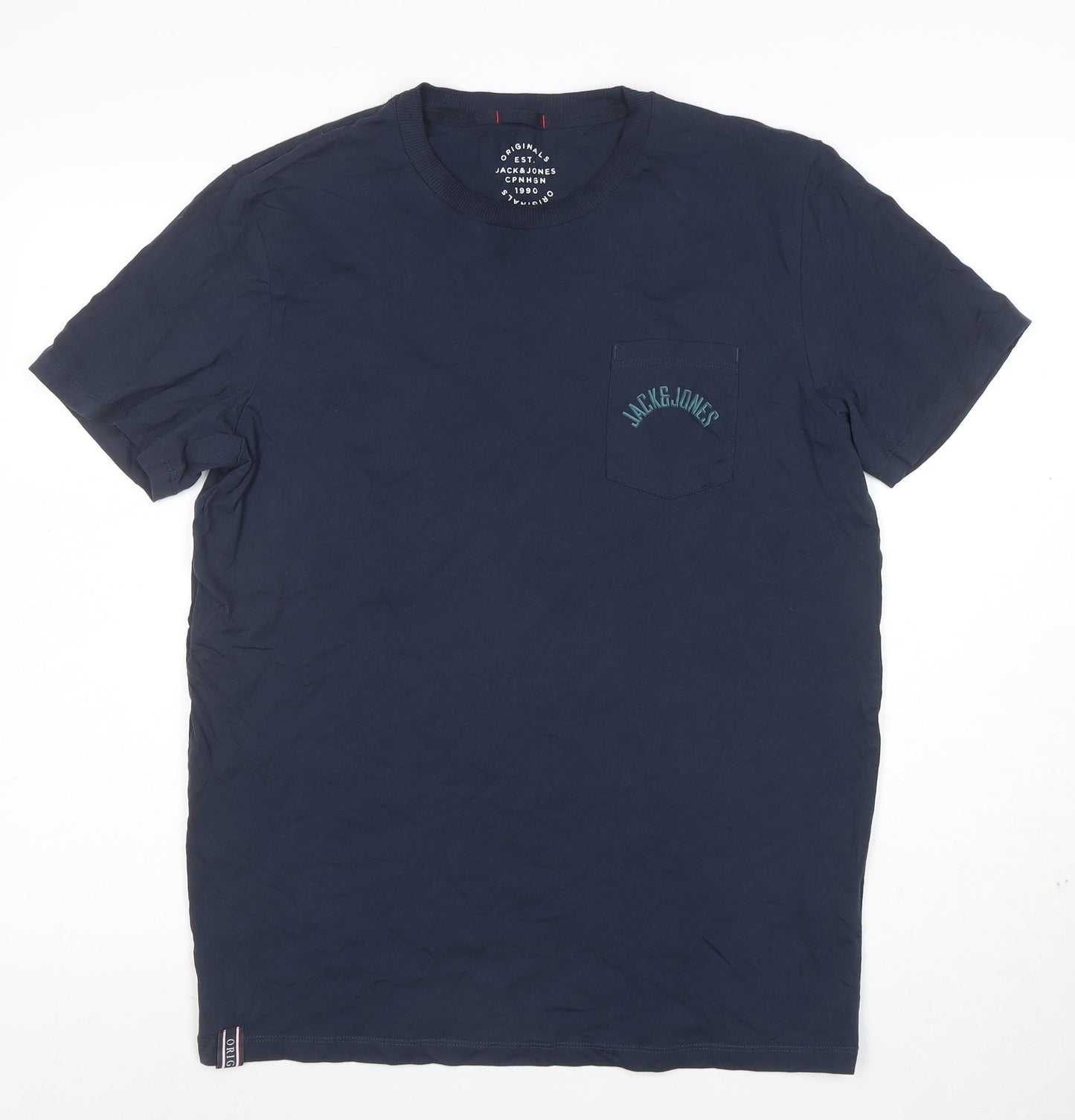 Jack & Jones Men's Blue Cotton Crew Neck Regular Fit T-Shirt Size L
