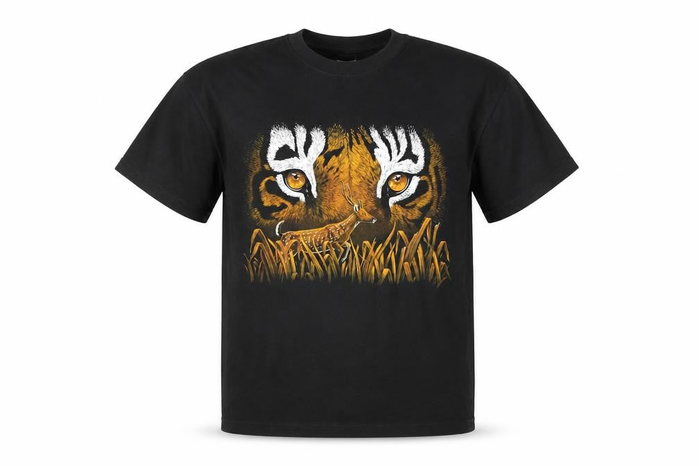 Wild Collection Men’s Black Tiger Eyes Graphic Animal Print T-Shirt L