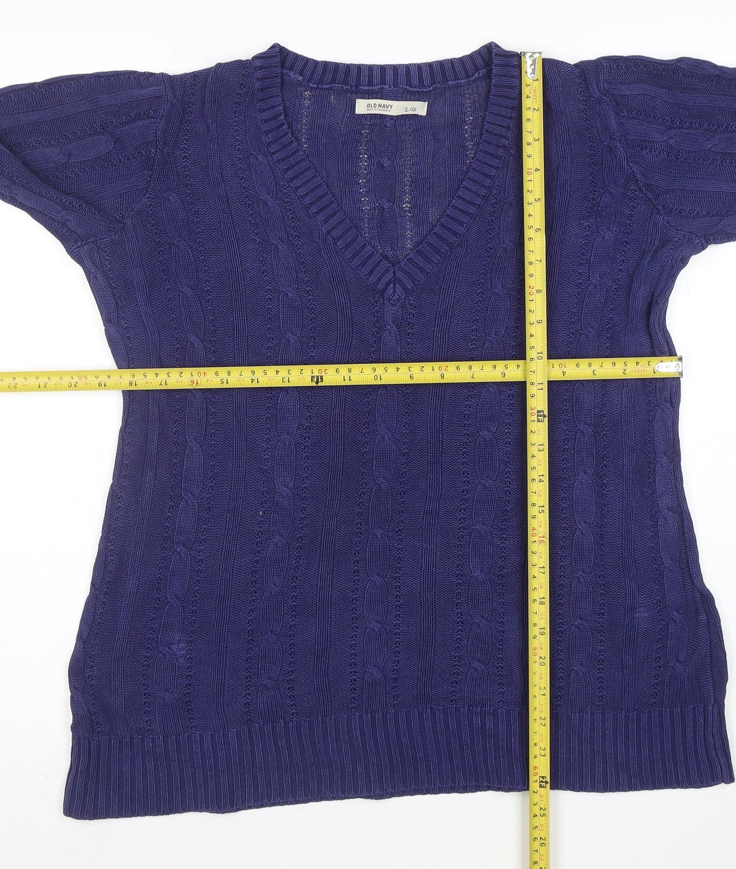 Old Navy Women's Blue Cable-Knit Cotton V-Neck Jumper Size L