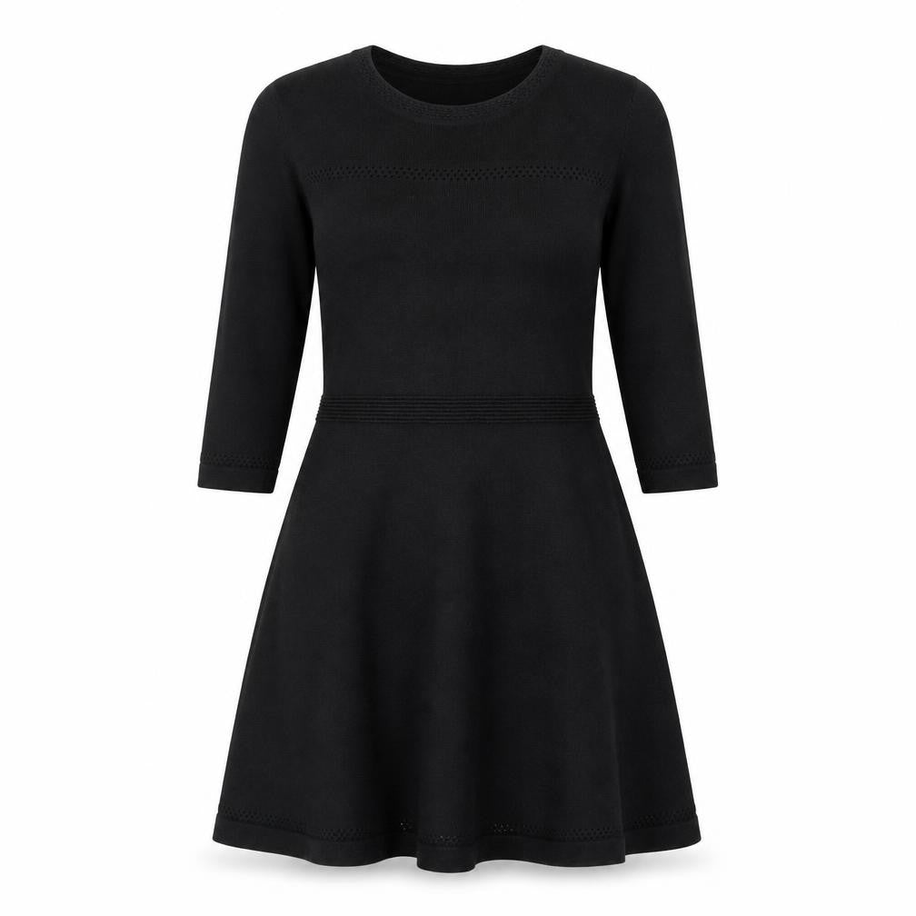 Front view of ASOS Women’s Black Knit A-Line Dress, size UK 8, 3/4 Sleeve Crew Neck