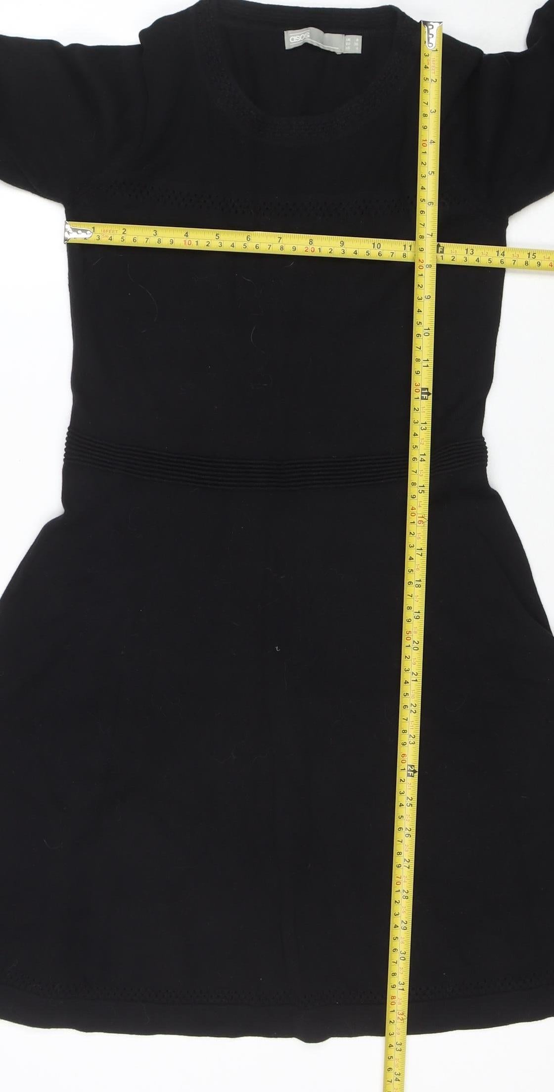 ASOS Women’s Black Knit A-Line Dress Size 8 3/4 Sleeve Crew Neck