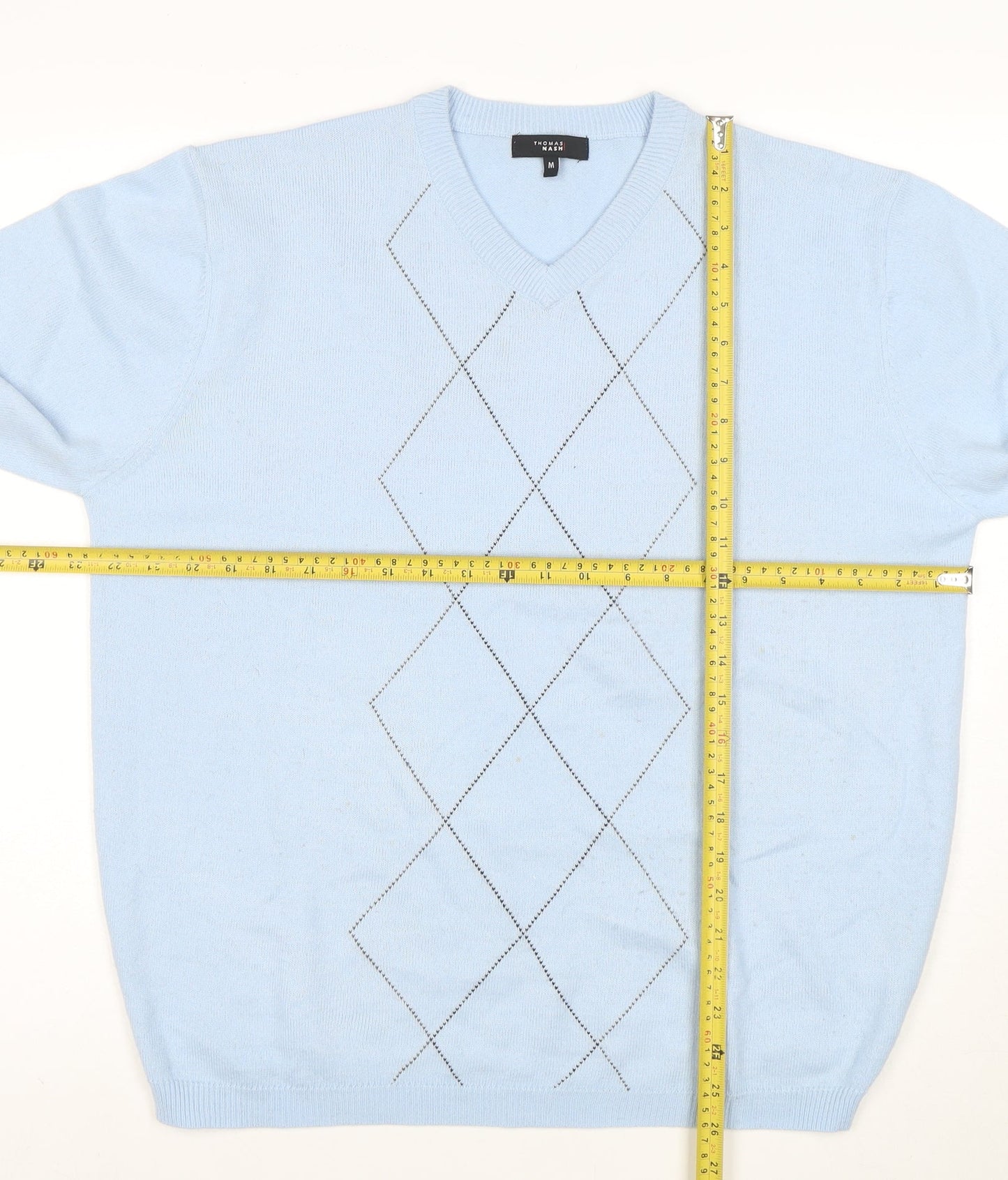 Thomas Nash Men's Blue Argyle V-Neck Acrylic Jumper M
