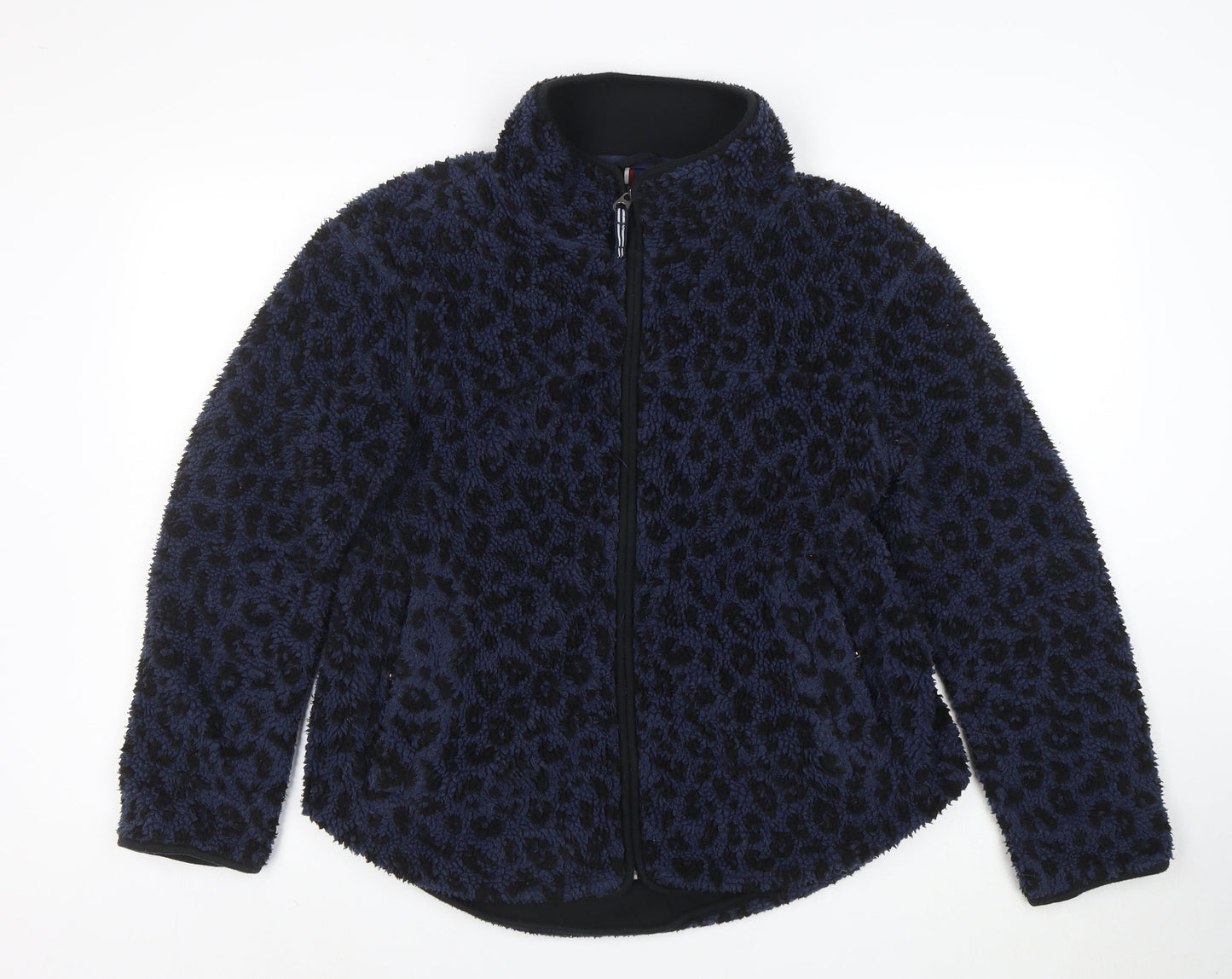 Joules Women’s Blue Leopard Fleece Jacket Size 10 Warm Zip Mid-Length
